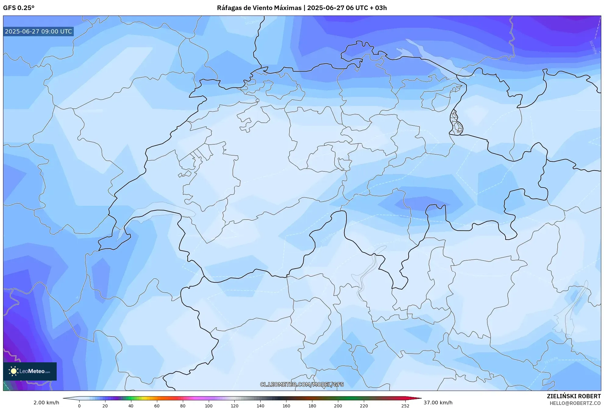 GFS model - Suiza, Ráfagas de Viento Máximas GFS model - Suiza, Ráfagas de Viento Máximas