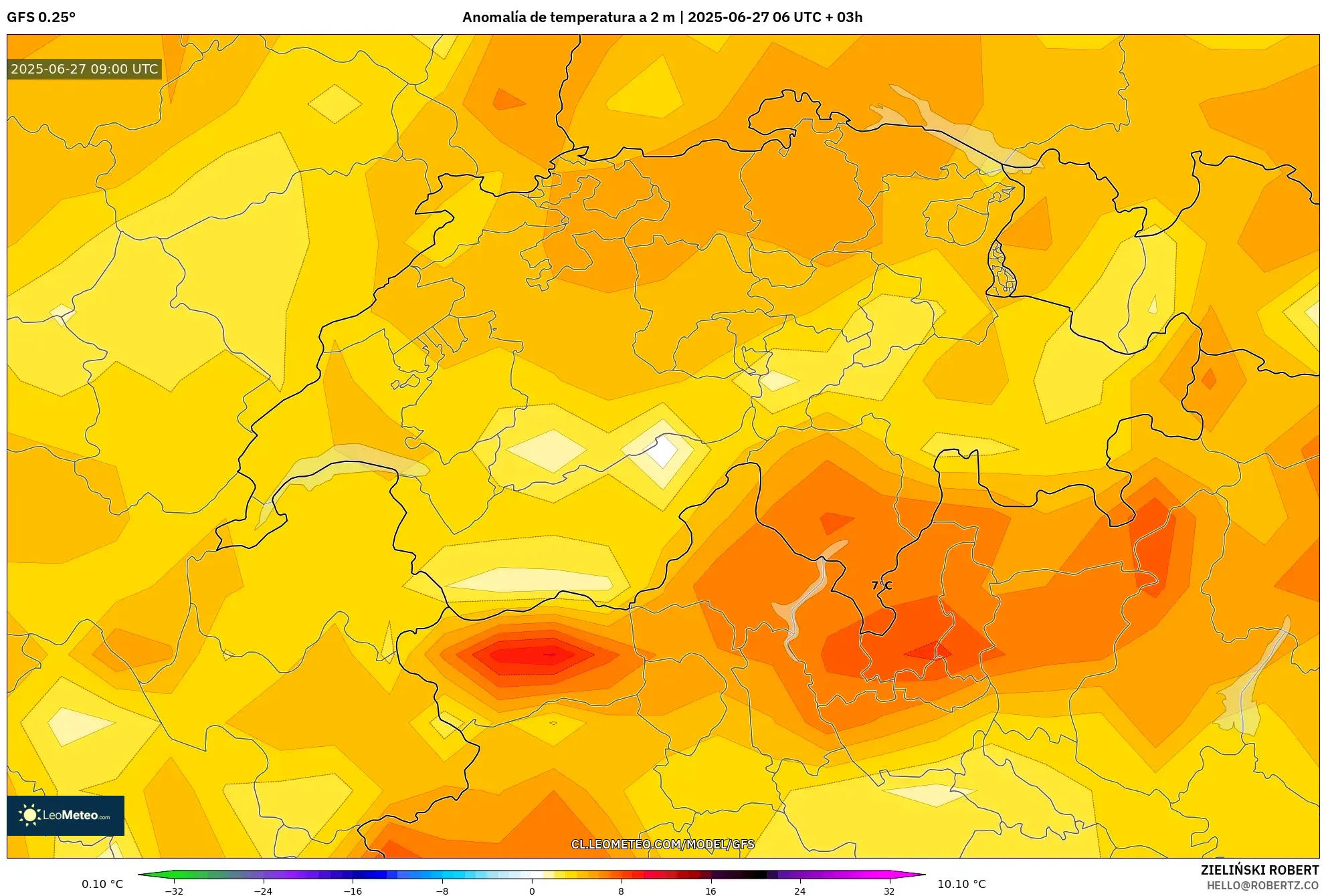 GFS model - Suiza, Anomalía de temperatura a 2 m GFS model - Suiza, Anomalía de temperatura a 2 m