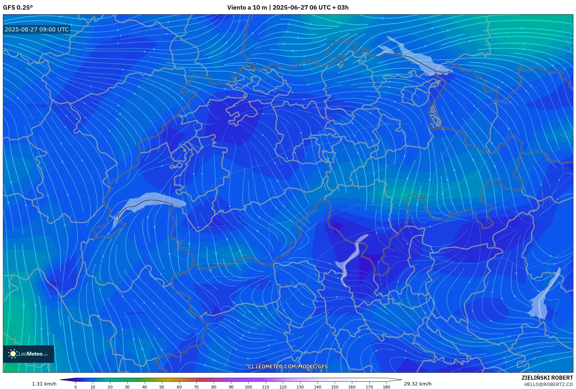 GFS model - Suiza, Viento a 10 m GFS model - Suiza, Viento a 10 m