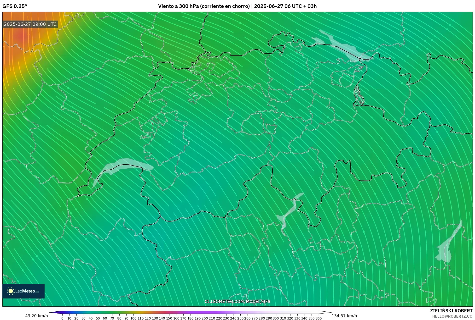 GFS model - Suiza, Viento a 300 hPa (corriente en chorro) GFS model - Suiza, Viento a 300 hPa (corriente en chorro)