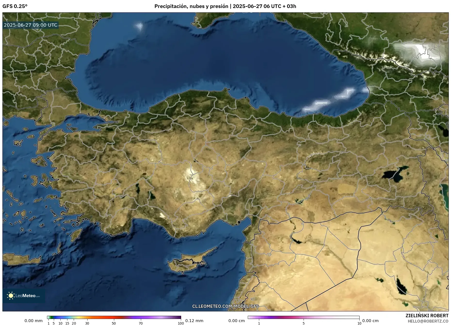 GFS model - Turquía, Precipitación, nubes y presión GFS model - Turquía, Precipitación, nubes y presión