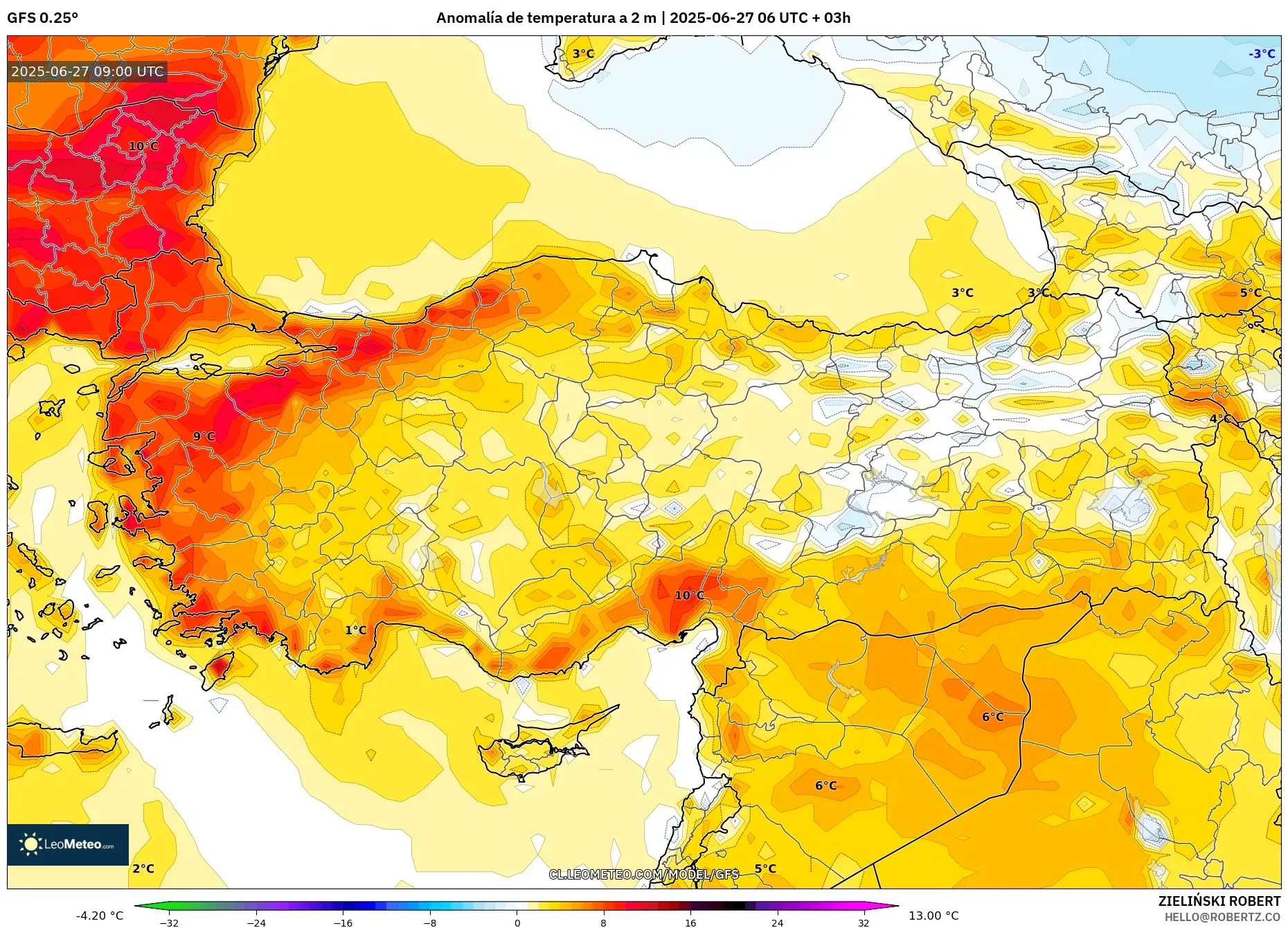 GFS model - Turquía, Anomalía de temperatura a 2 m GFS model - Turquía, Anomalía de temperatura a 2 m