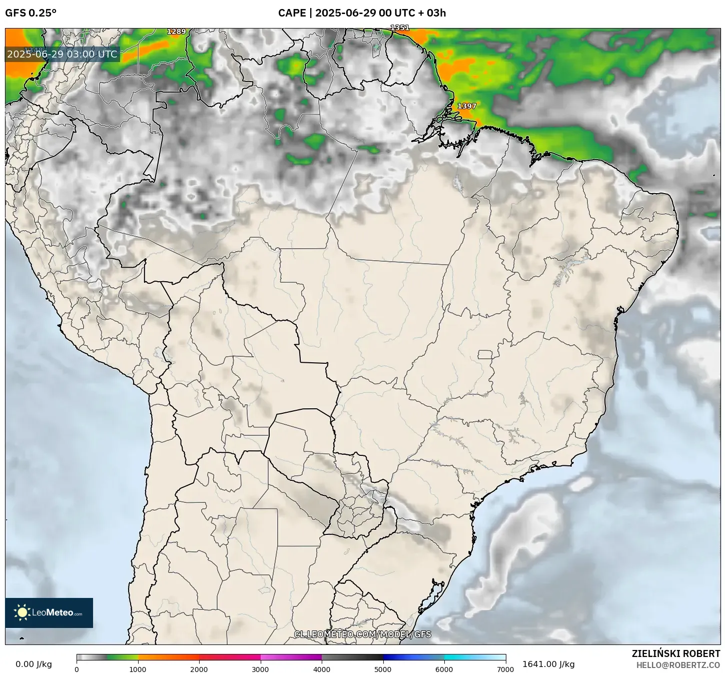 GFS model - Brasil, CAPE GFS model - Brasil, CAPE