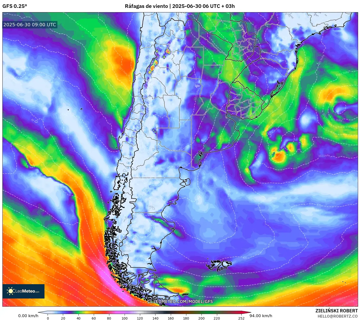 GFS model - Argentina, Ráfagas de viento GFS model - Argentina, Ráfagas de viento