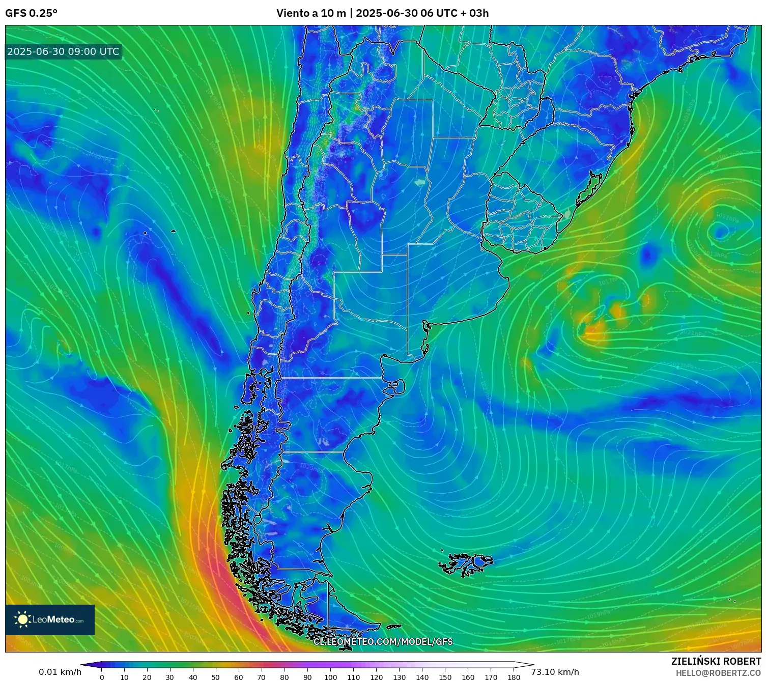 GFS model - Argentina, Viento a 10 m GFS model - Argentina, Viento a 10 m