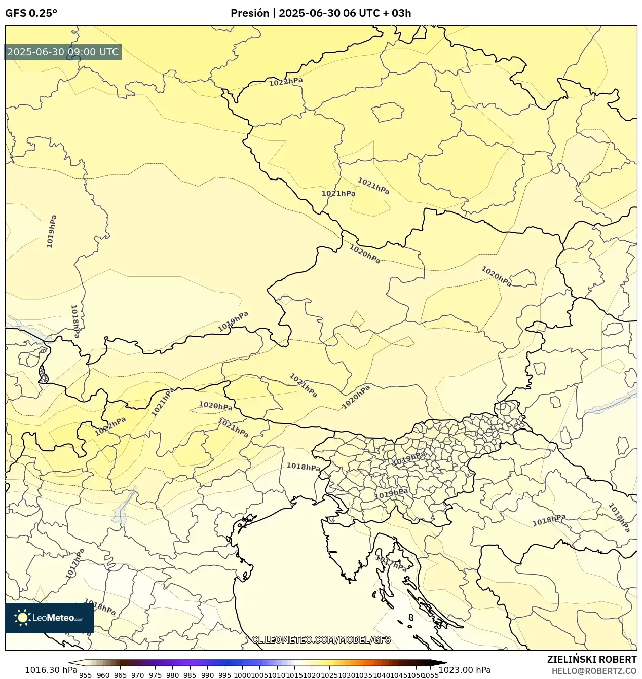 GFS model - Austria, Presión GFS model - Austria, Presión