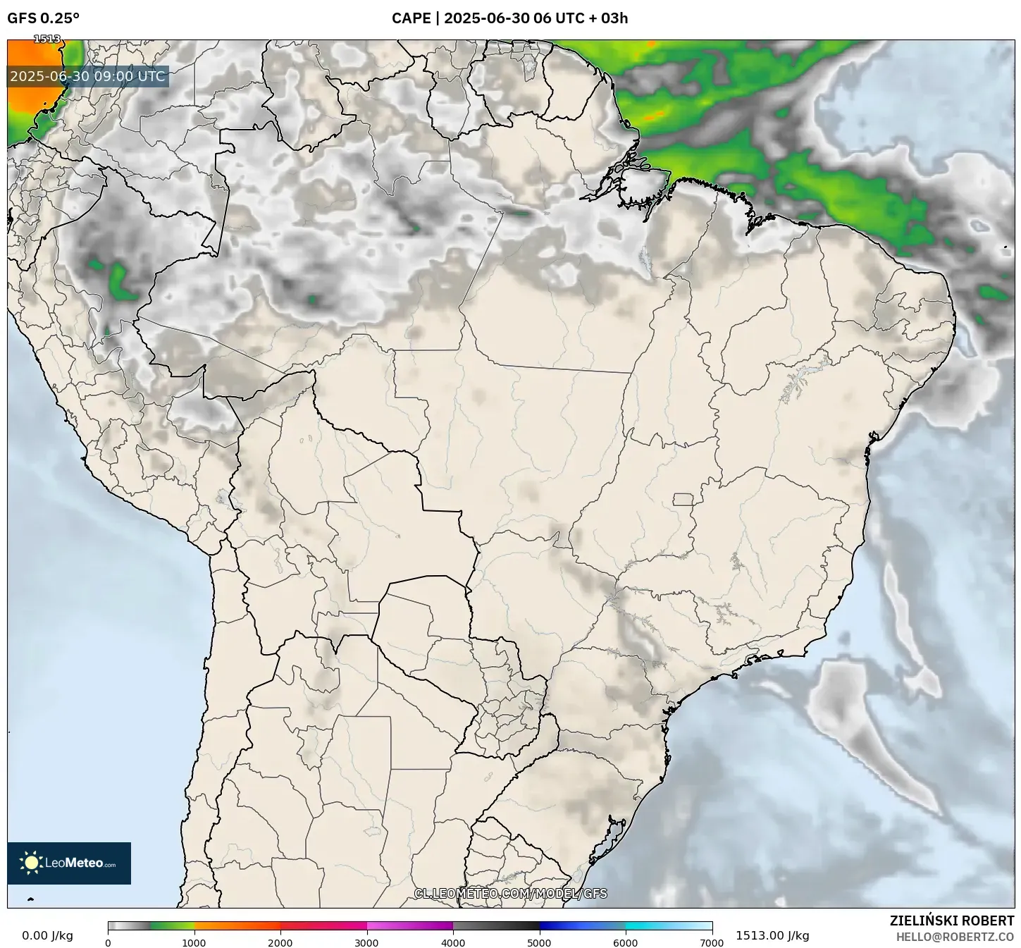 GFS model - Brasil, CAPE GFS model - Brasil, CAPE