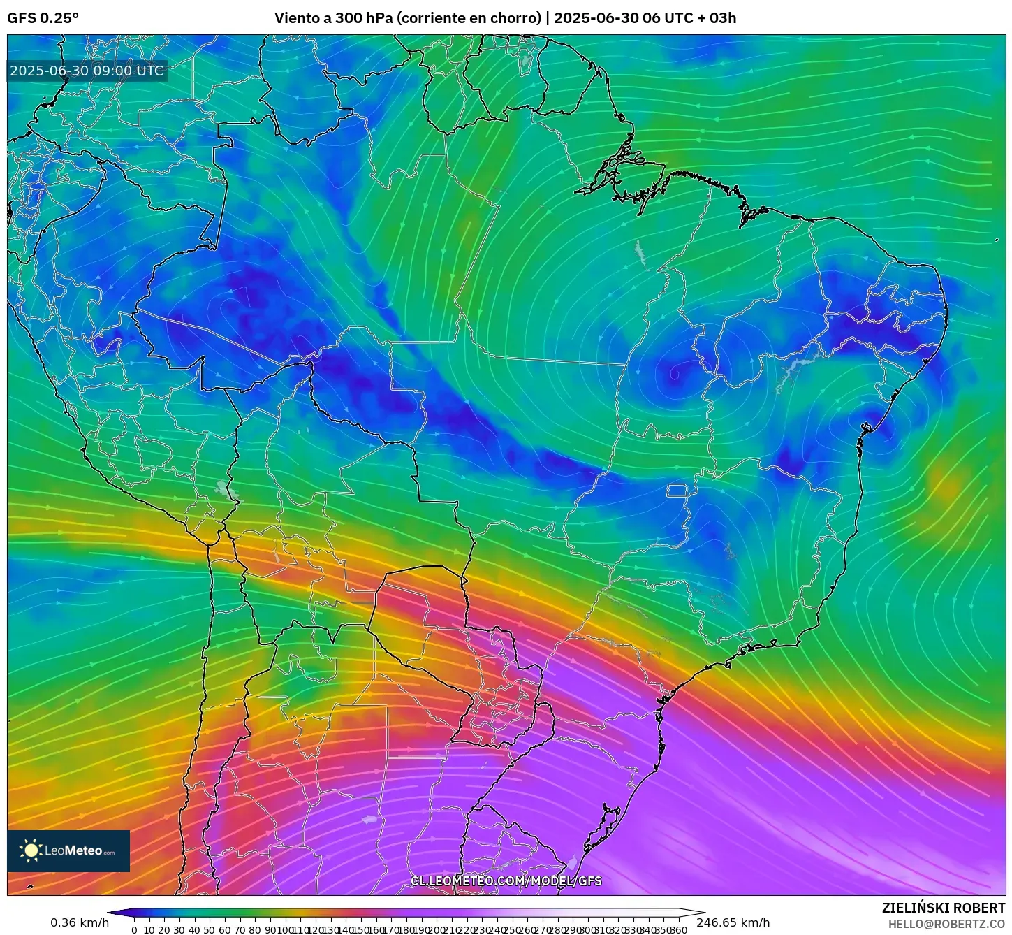 GFS model - Brasil, Viento a 300 hPa (corriente en chorro) GFS model - Brasil, Viento a 300 hPa (corriente en chorro)