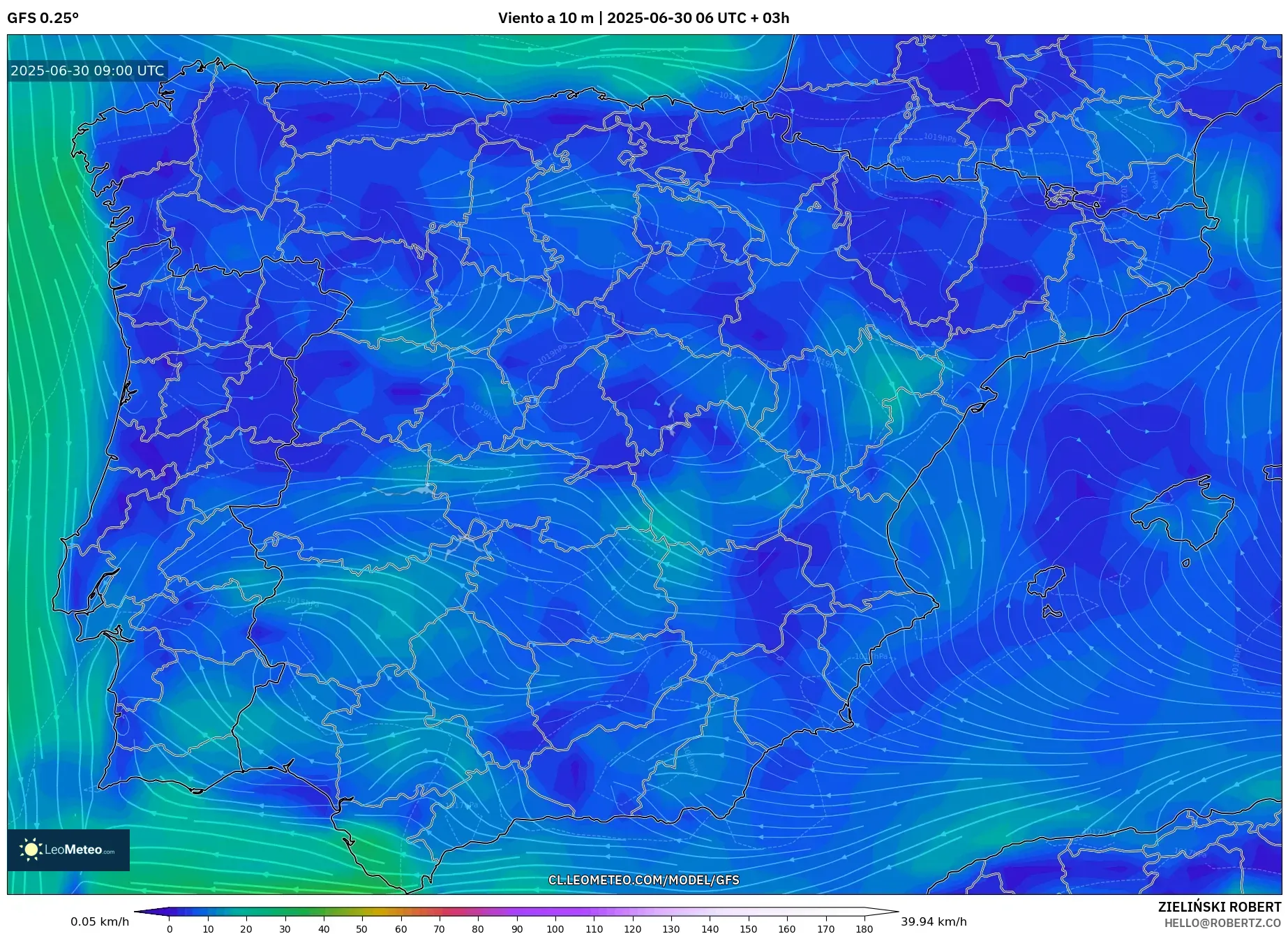 GFS model - España, Viento a 10 m GFS model - España, Viento a 10 m