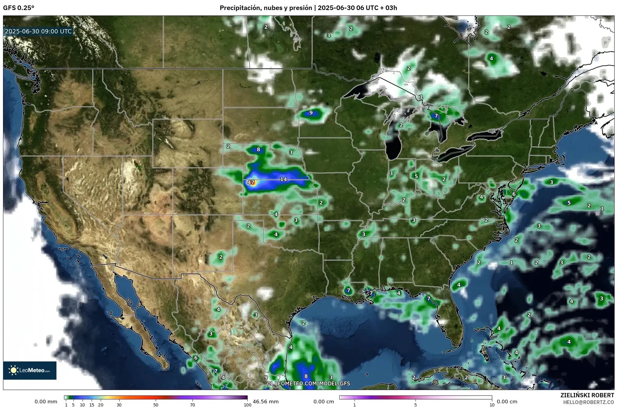 GFS model - Estados Unidos, Precipitación, nubes y presión GFS model - Estados Unidos, Precipitación, nubes y presión