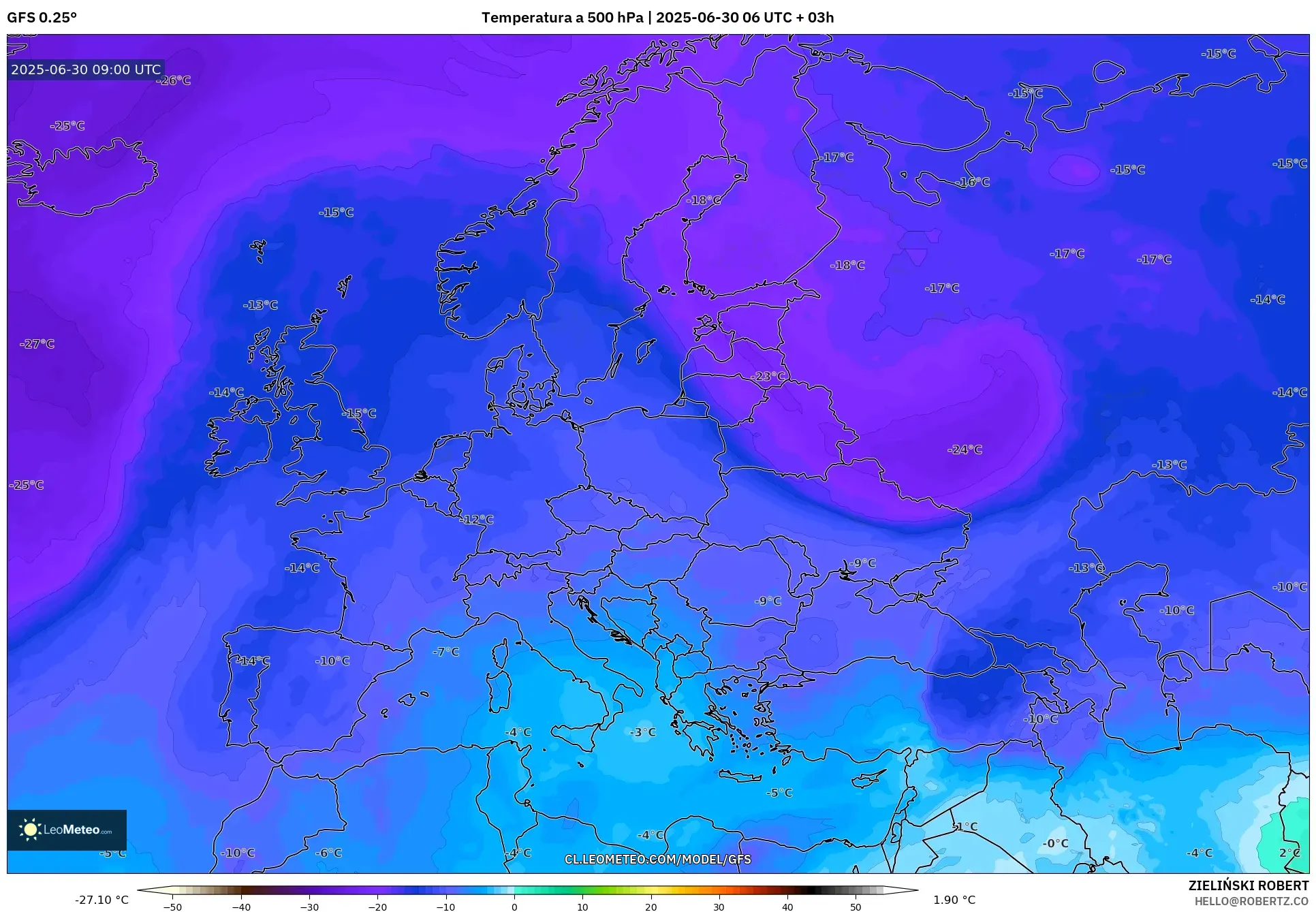 GFS model - Europa, Temperatura a 500 hPa GFS model - Europa, Temperatura a 500 hPa
