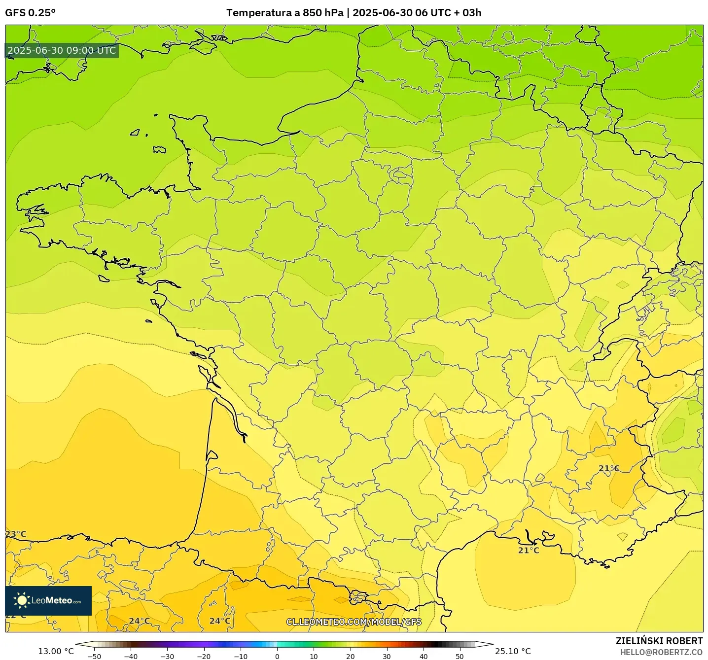 GFS model - Francia, Temperatura a 850 hPa GFS model - Francia, Temperatura a 850 hPa