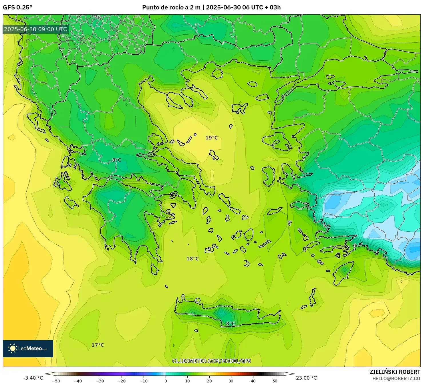 GFS model - Grecia, Punto de rocío a 2 m GFS model - Grecia, Punto de rocío a 2 m