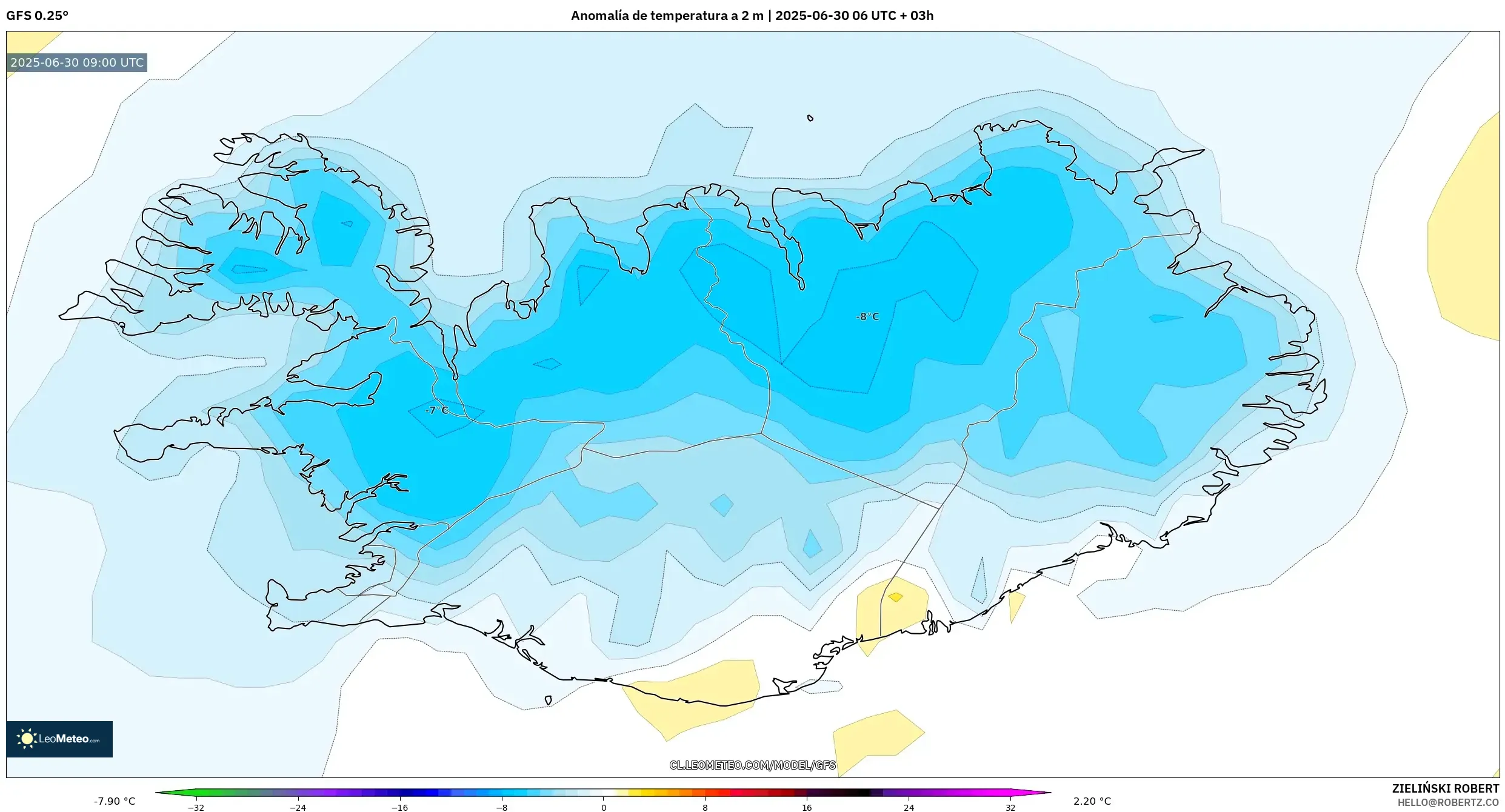 GFS model - Islandia, Anomalía de temperatura a 2 m GFS model - Islandia, Anomalía de temperatura a 2 m