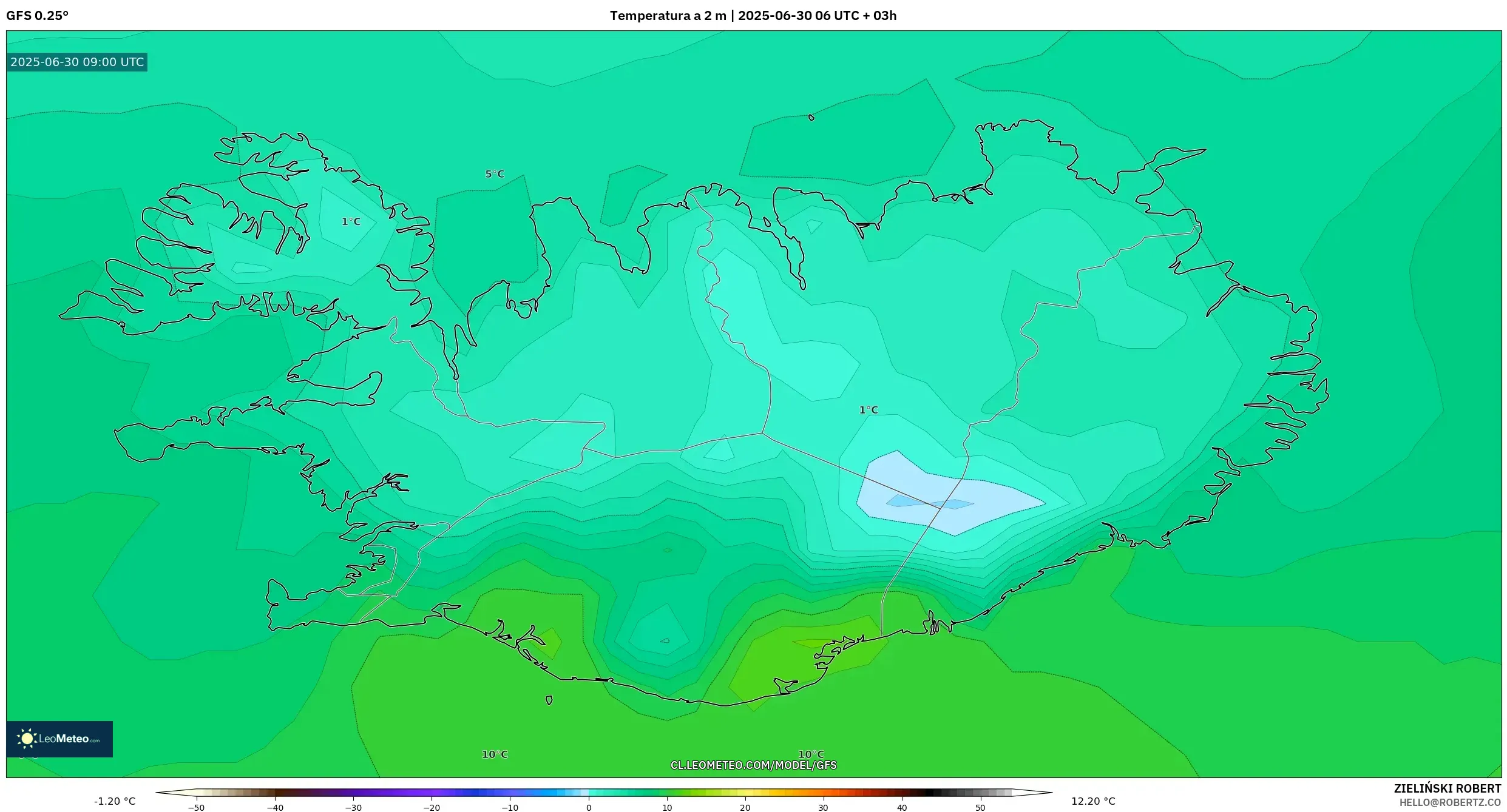 GFS model - Islandia, Temperatura a 2 m GFS model - Islandia, Temperatura a 2 m