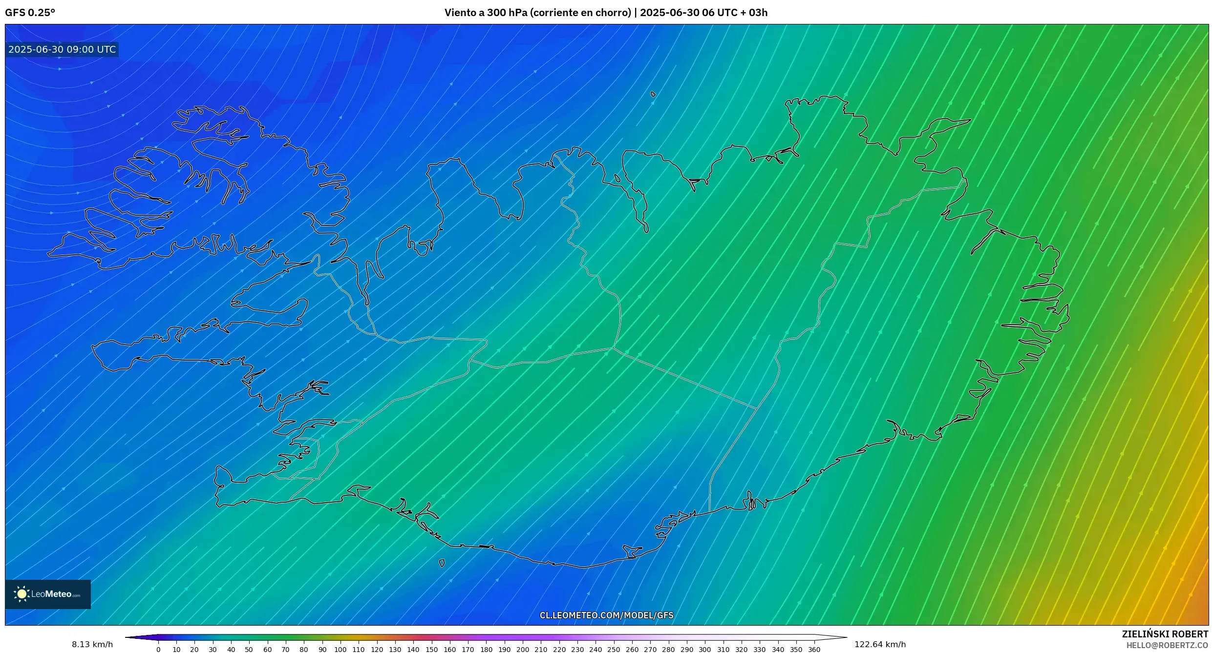 GFS model - Islandia, Viento a 300 hPa (corriente en chorro) GFS model - Islandia, Viento a 300 hPa (corriente en chorro)