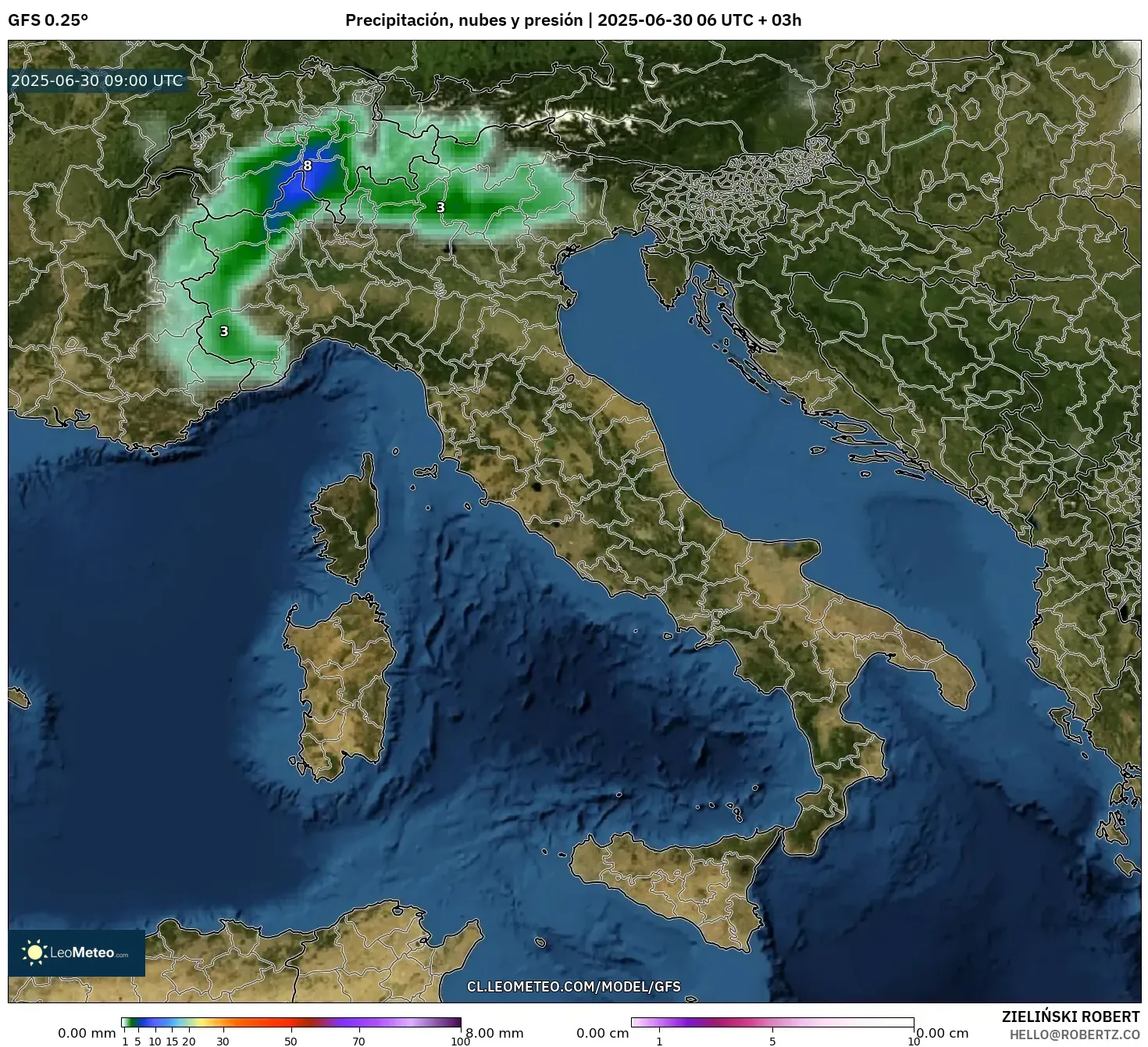 GFS model - Italia, Precipitación, nubes y presión GFS model - Italia, Precipitación, nubes y presión