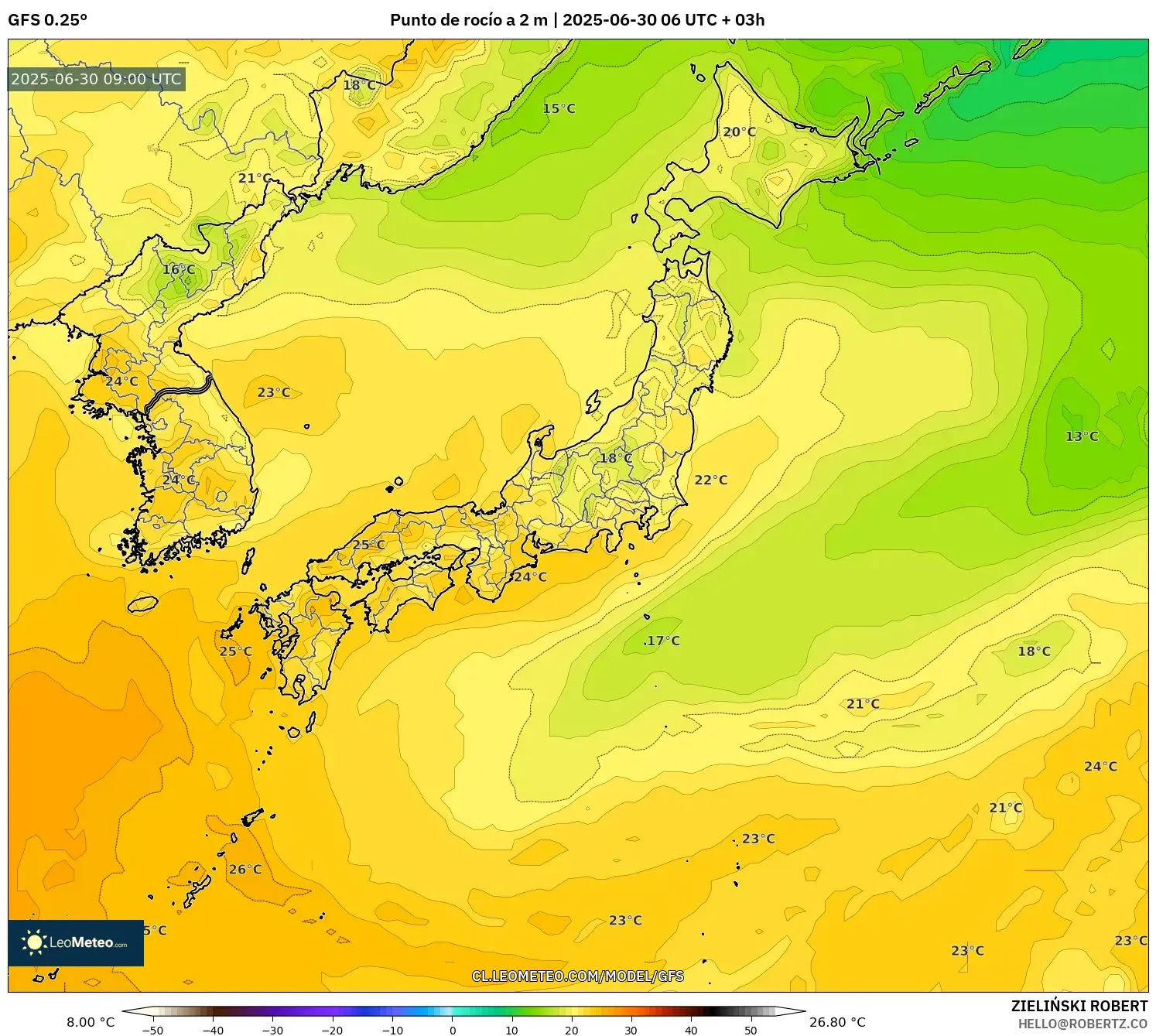 GFS model - Japón, Punto de rocío a 2 m GFS model - Japón, Punto de rocío a 2 m