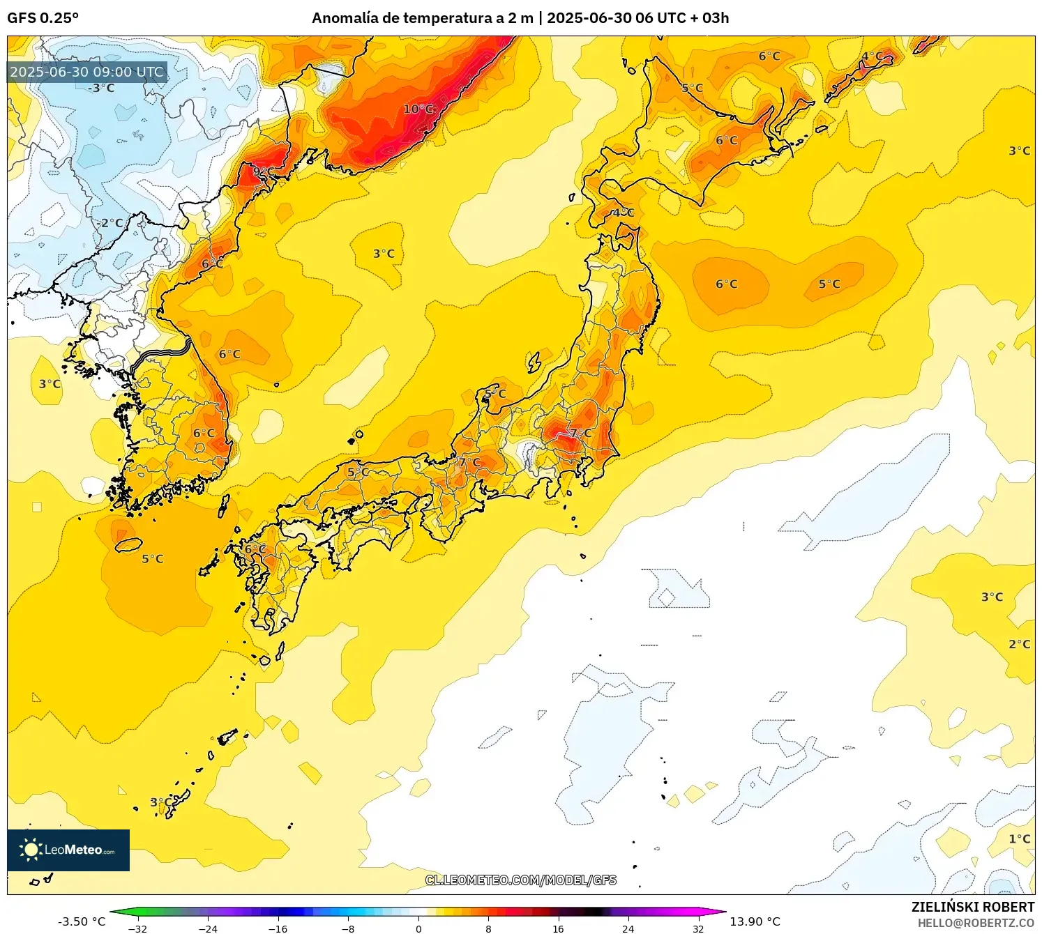 GFS model - Japón, Anomalía de temperatura a 2 m GFS model - Japón, Anomalía de temperatura a 2 m
