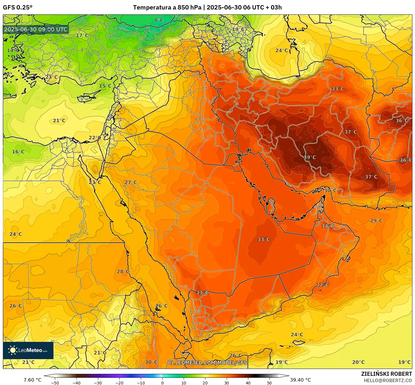GFS model - Oriente Medio, Temperatura a 850 hPa GFS model - Oriente Medio, Temperatura a 850 hPa