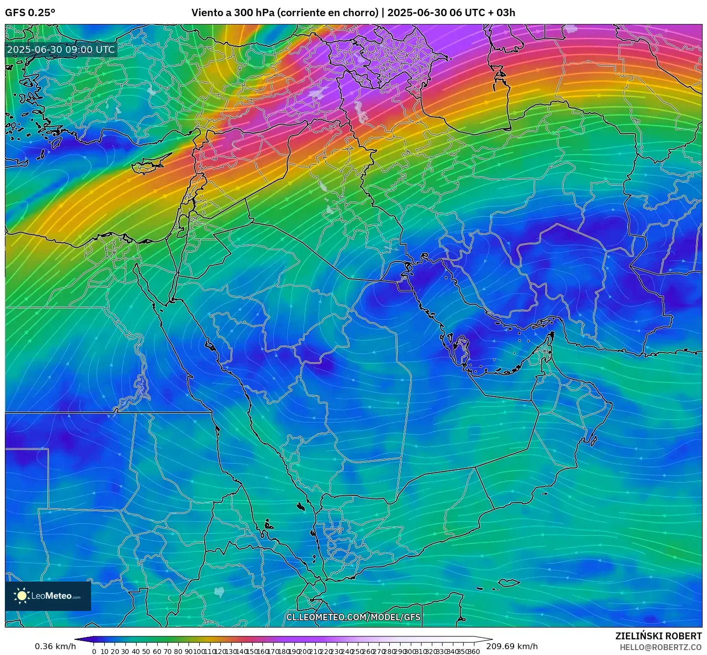 GFS model - Oriente Medio, Viento a 300 hPa (corriente en chorro) GFS model - Oriente Medio, Viento a 300 hPa (corriente en chorro)