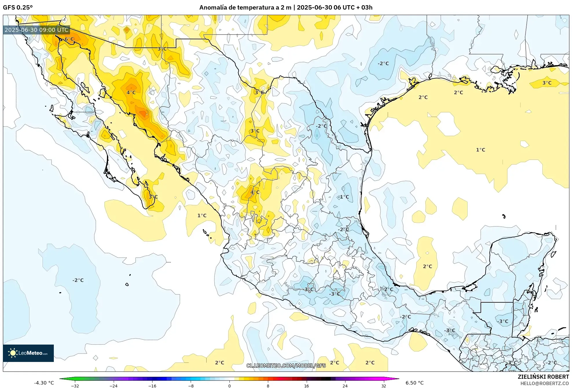 GFS model - México, Anomalía de temperatura a 2 m GFS model - México, Anomalía de temperatura a 2 m