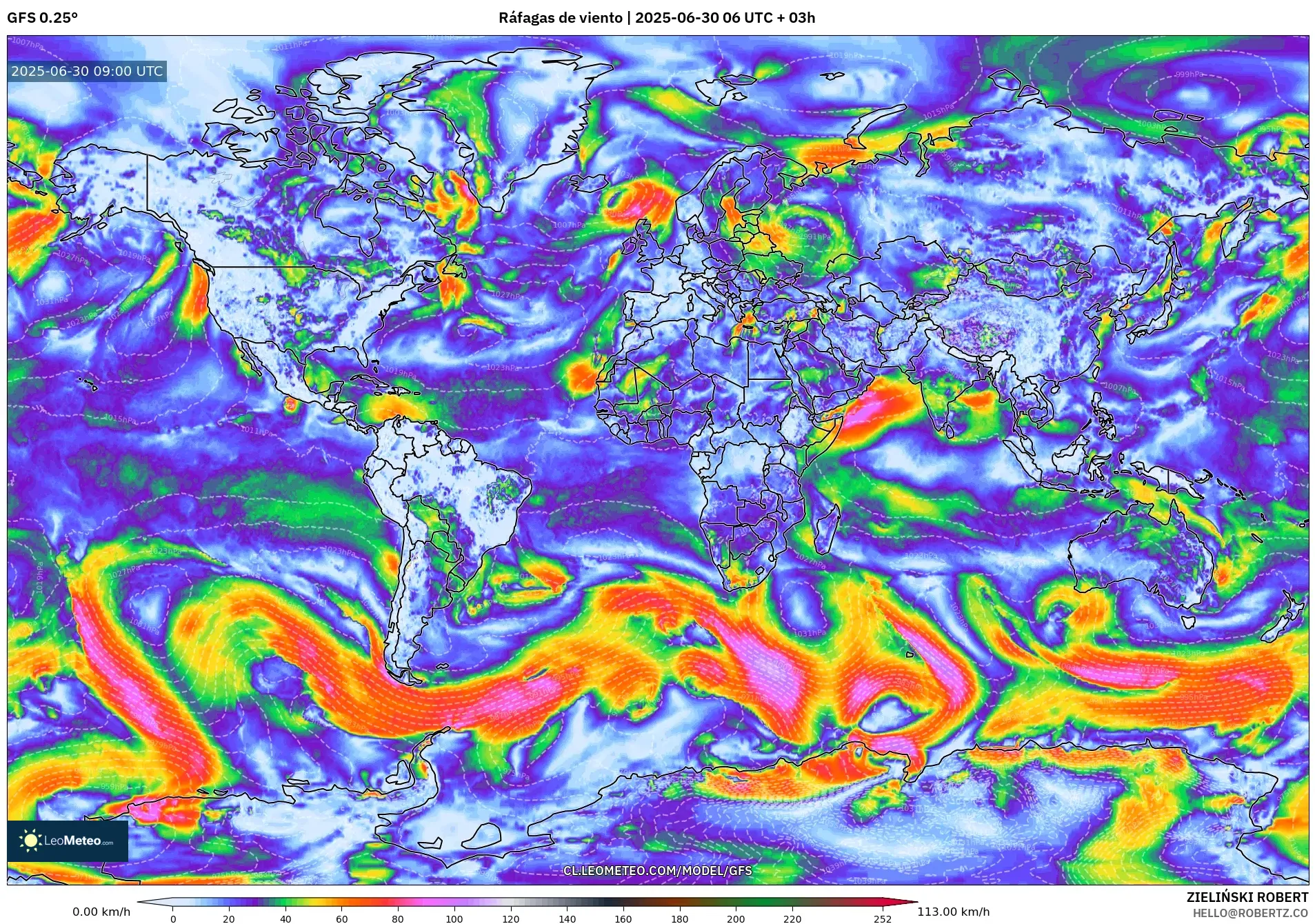 GFS model - Mundo, Ráfagas de viento GFS model - Mundo, Ráfagas de viento