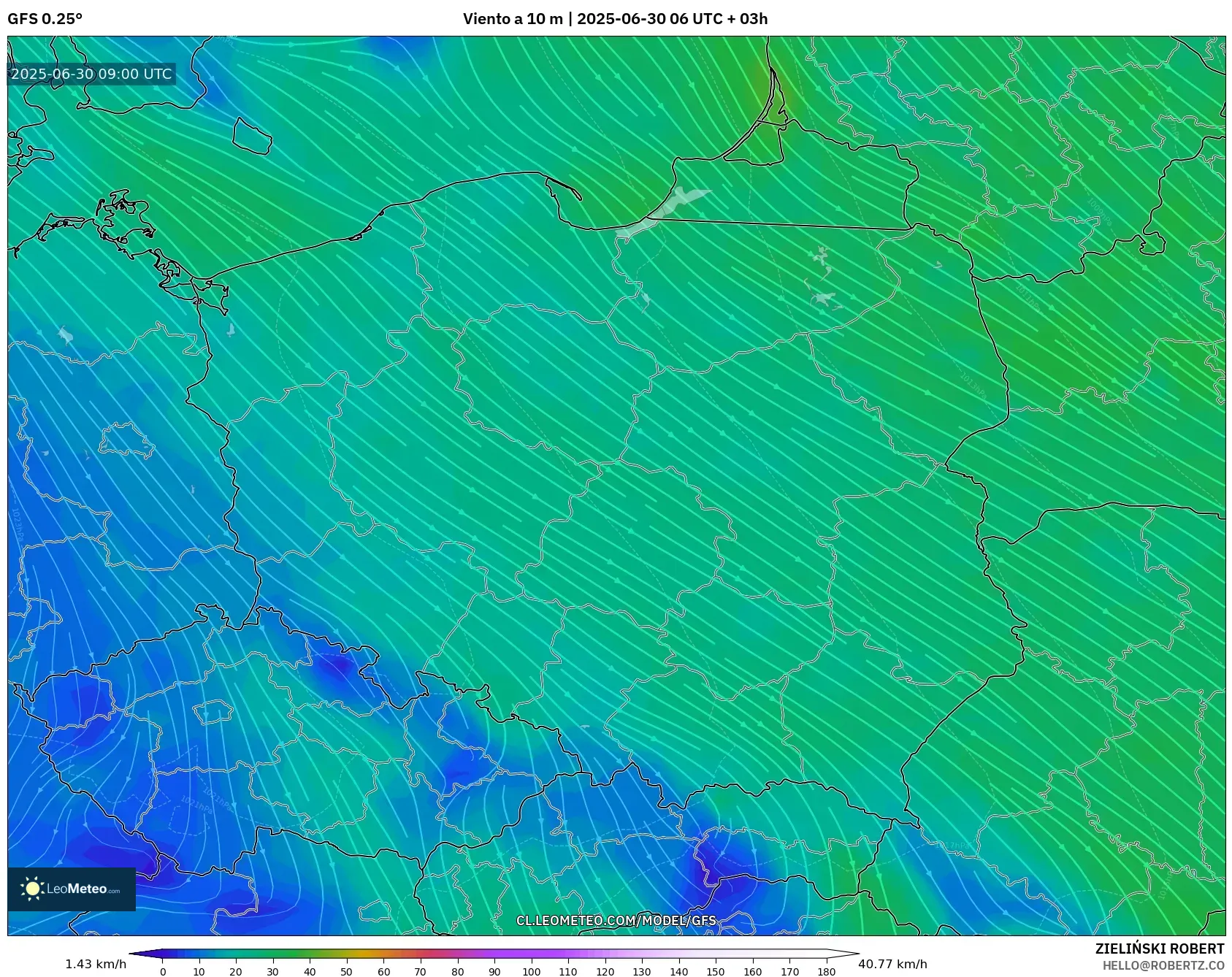 GFS model - Polonia, Viento a 10 m GFS model - Polonia, Viento a 10 m
