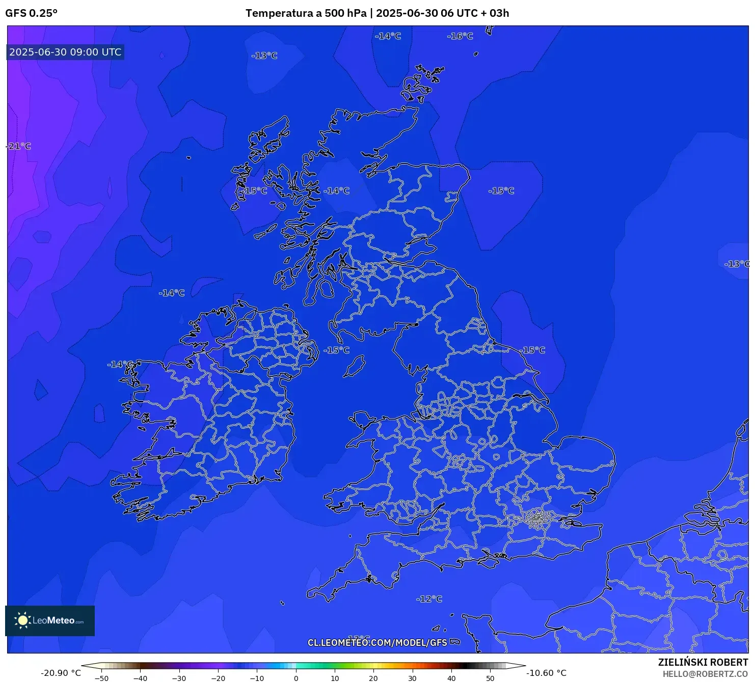 GFS model - Reino Unido, Temperatura a 500 hPa GFS model - Reino Unido, Temperatura a 500 hPa