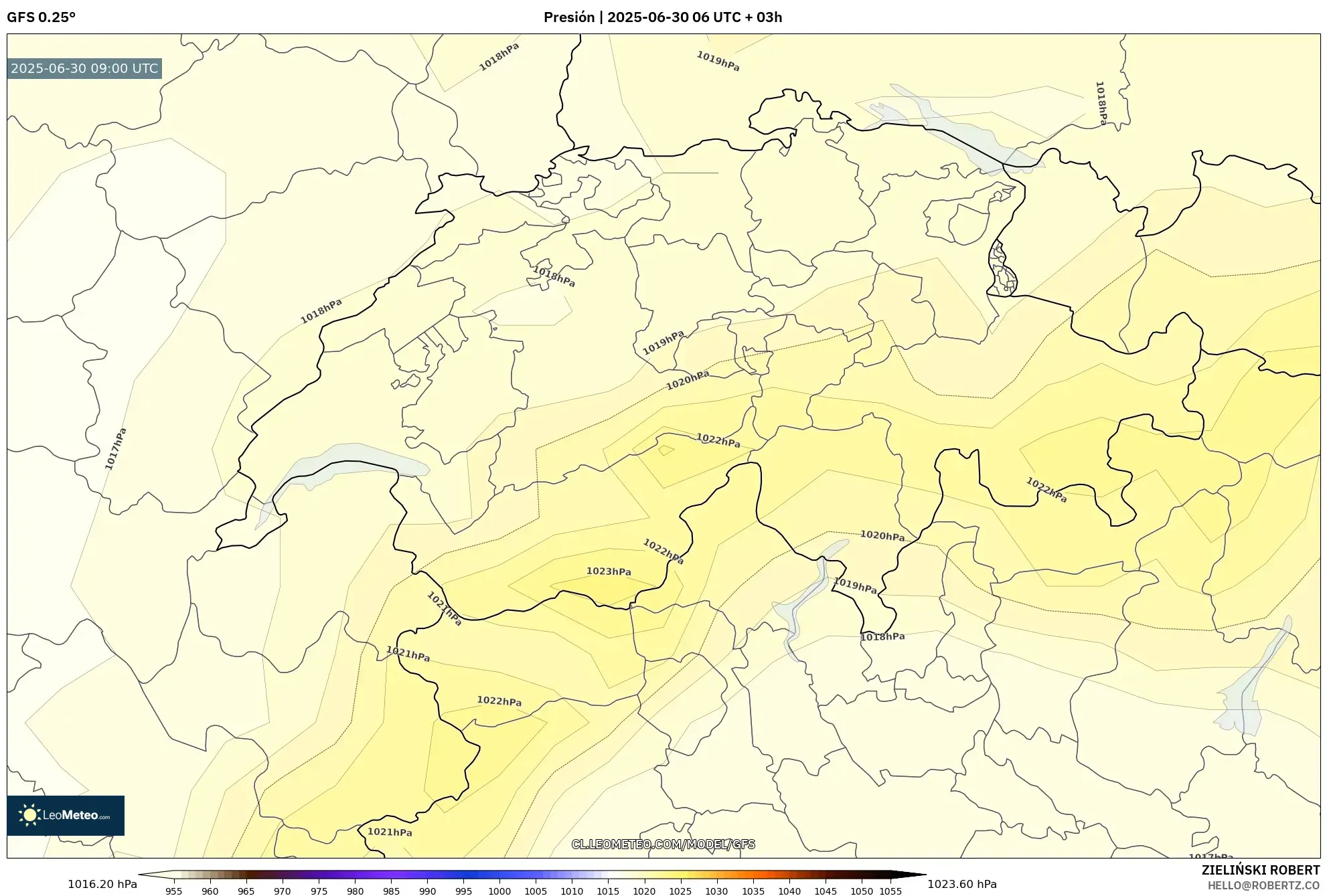 GFS model - Suiza, Presión GFS model - Suiza, Presión