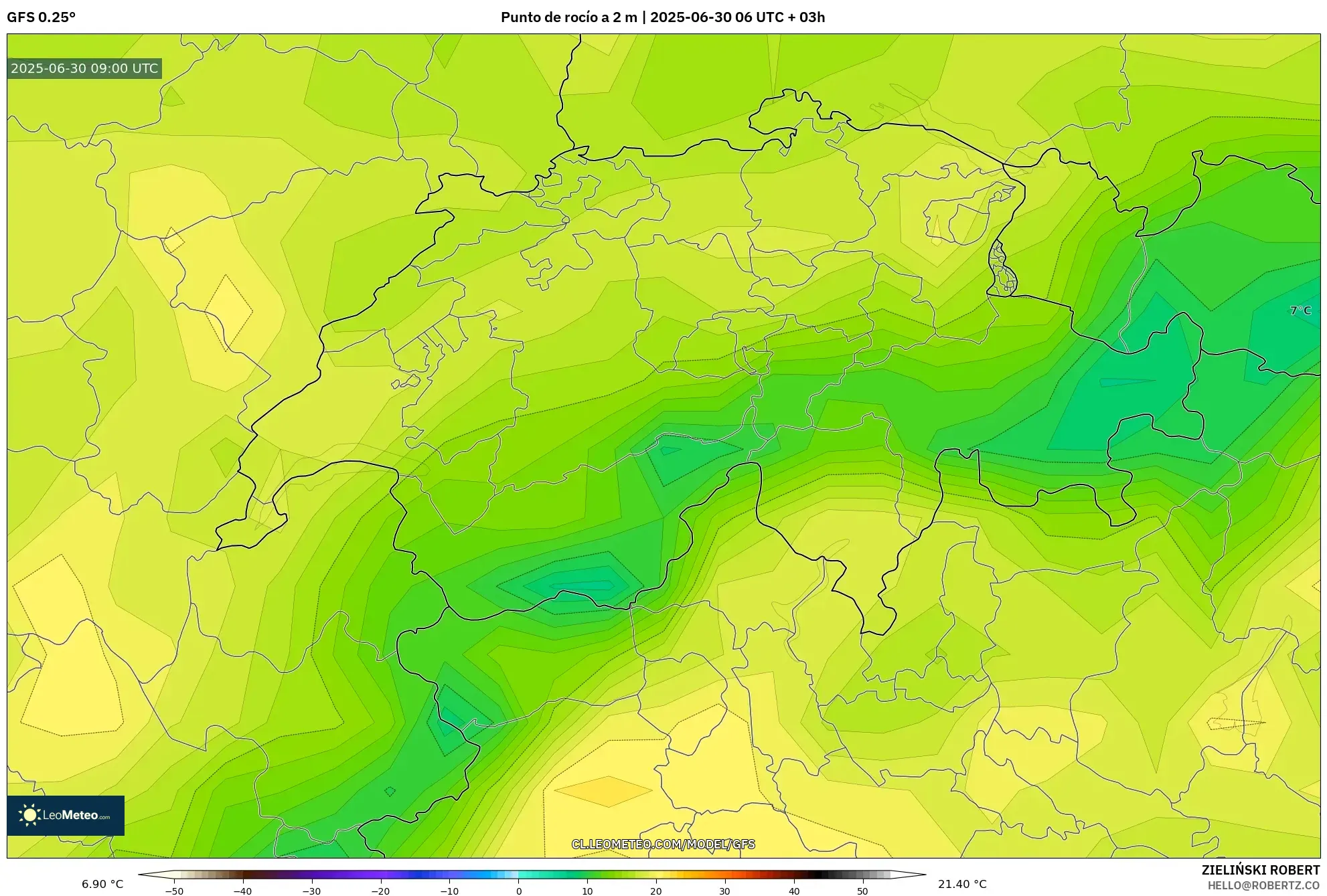 GFS model - Suiza, Punto de rocío a 2 m GFS model - Suiza, Punto de rocío a 2 m