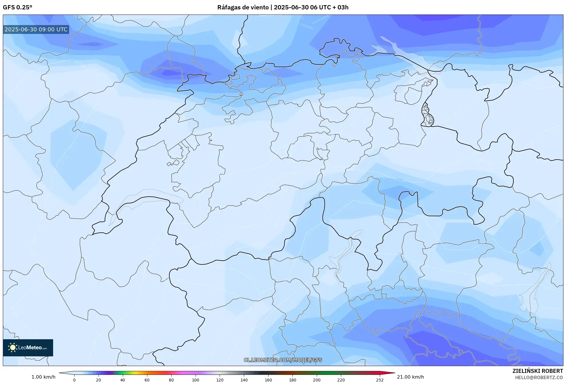 GFS model - Suiza, Ráfagas de viento GFS model - Suiza, Ráfagas de viento