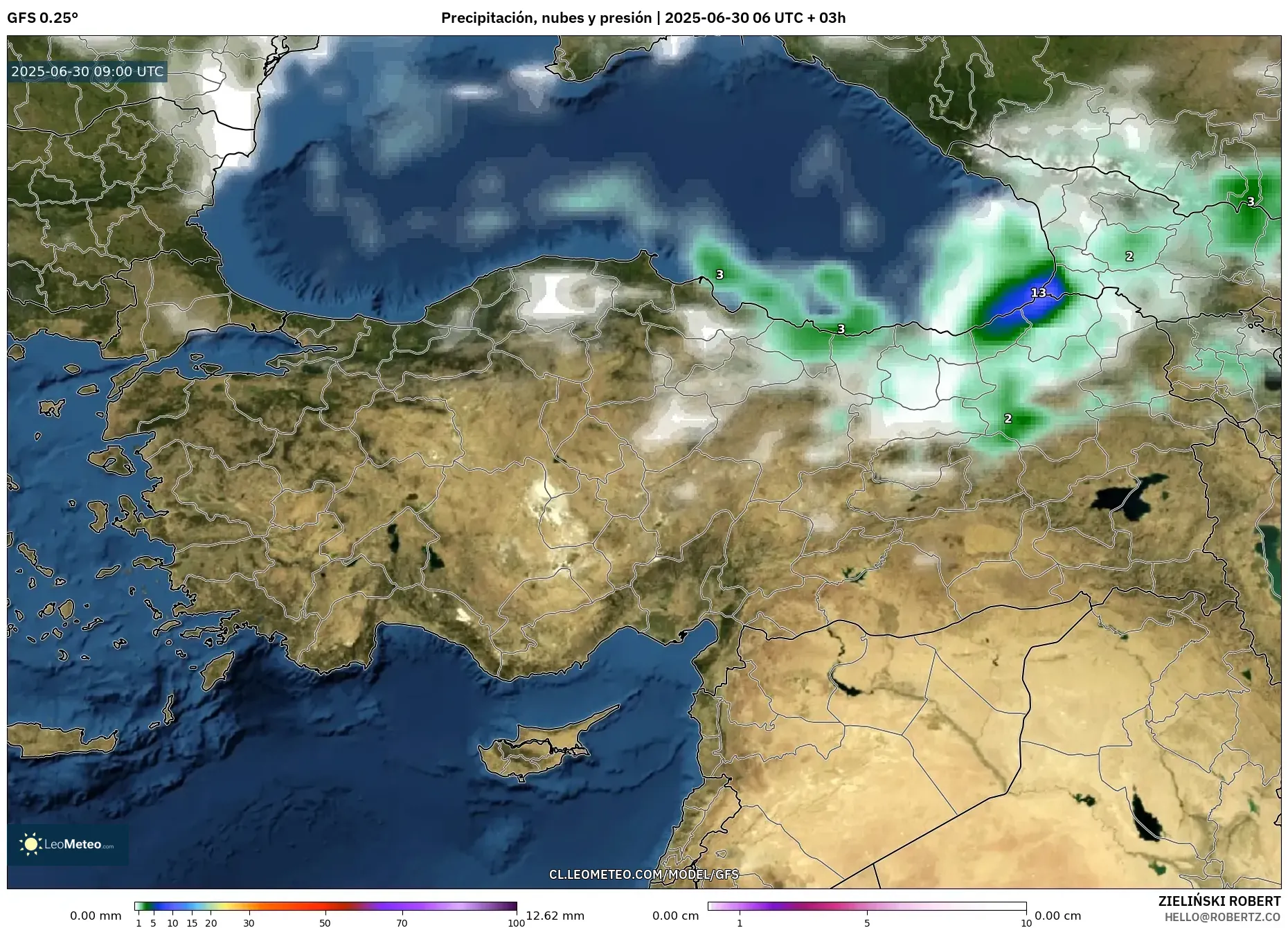 GFS model - Turquía, Precipitación, nubes y presión GFS model - Turquía, Precipitación, nubes y presión