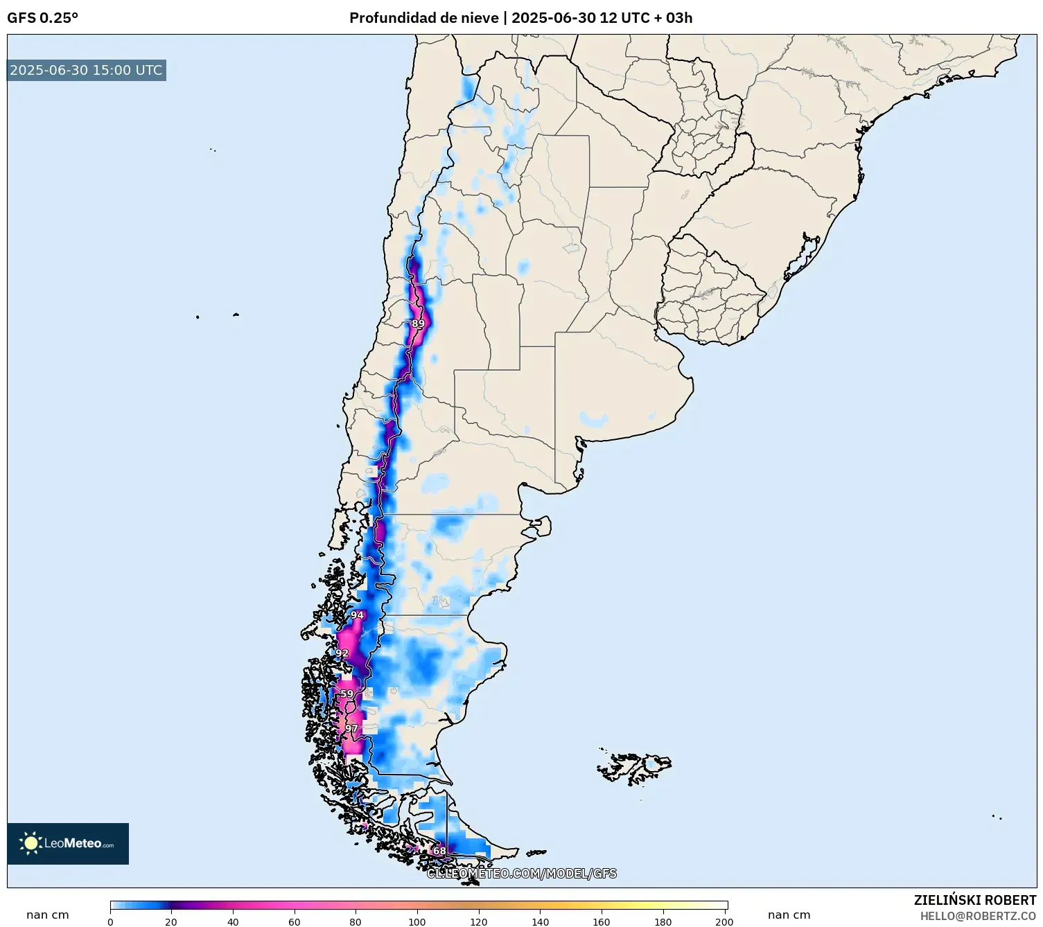 GFS model - Argentina, Profundidad de nieve GFS model - Argentina, Profundidad de nieve