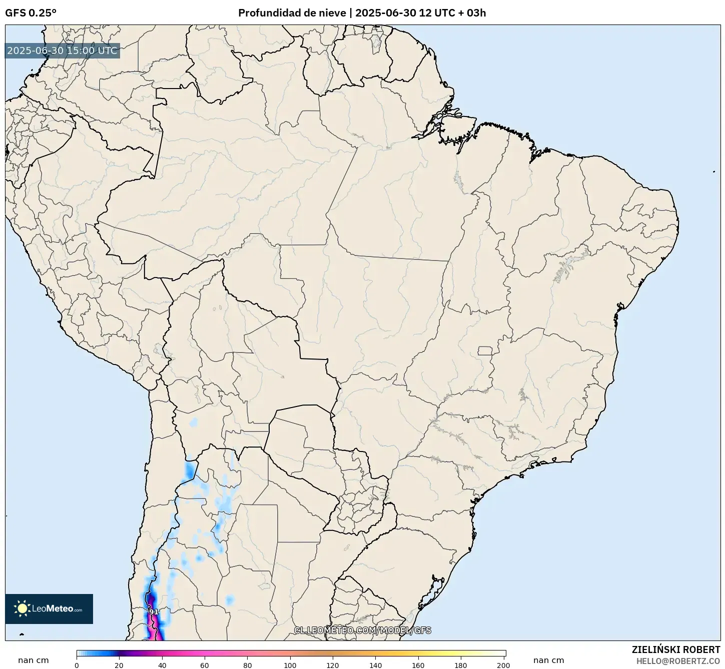 GFS model - Brasil, Profundidad de nieve GFS model - Brasil, Profundidad de nieve