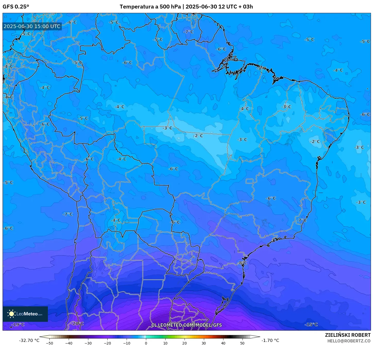 GFS model - Brasil, Temperatura a 500 hPa GFS model - Brasil, Temperatura a 500 hPa