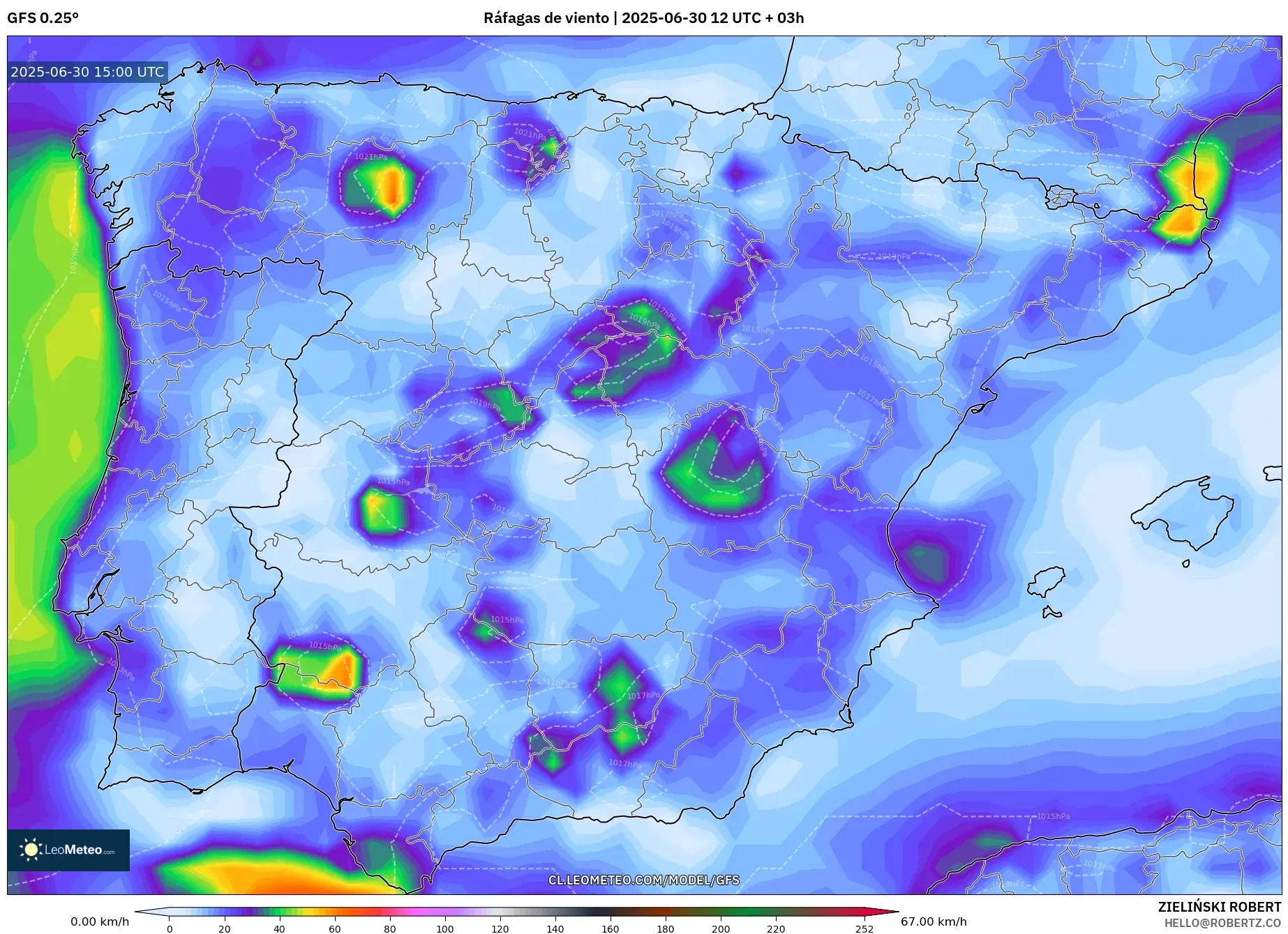 GFS model - España, Ráfagas de viento GFS model - España, Ráfagas de viento