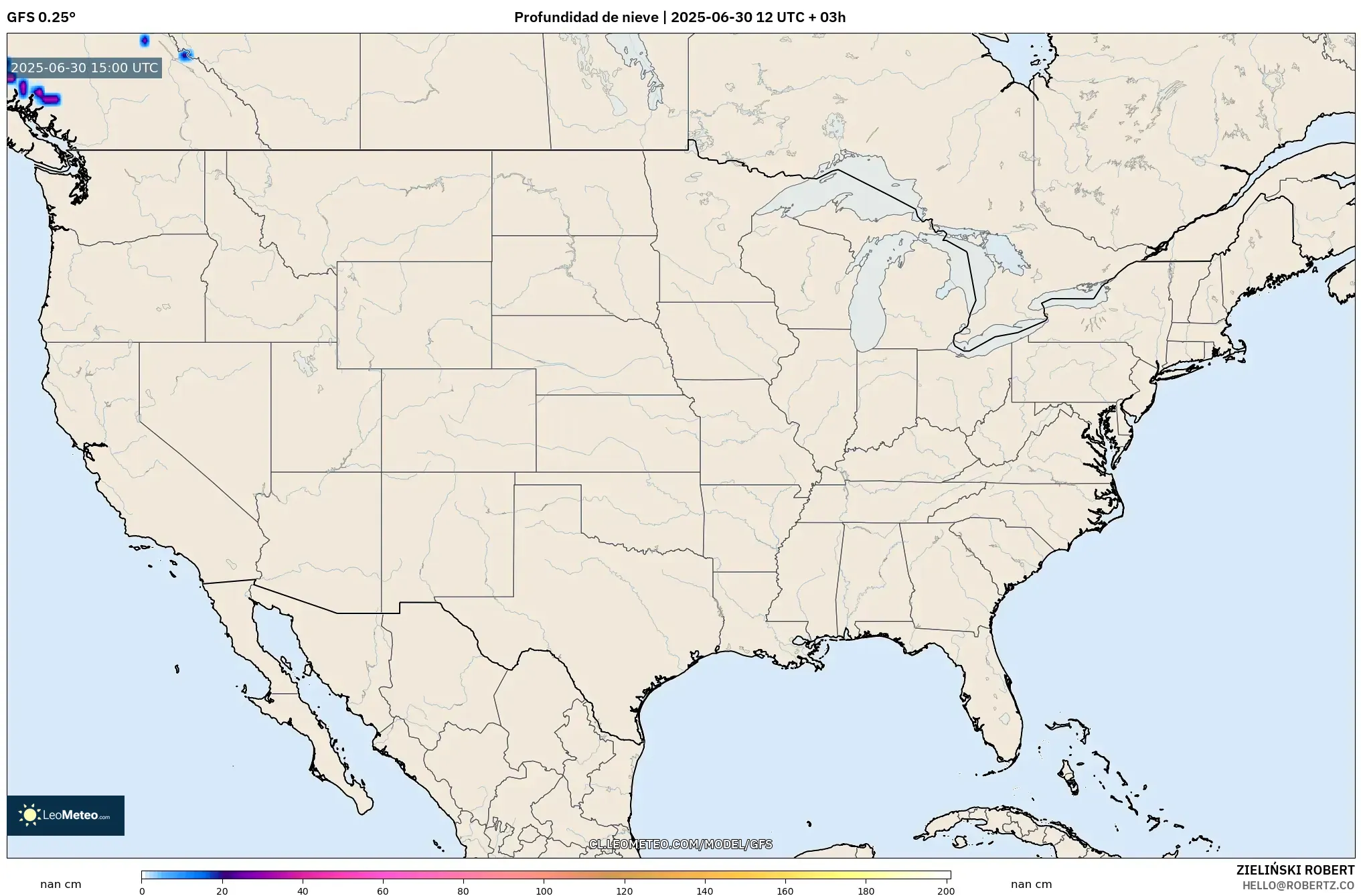 GFS model - Estados Unidos, Profundidad de nieve GFS model - Estados Unidos, Profundidad de nieve