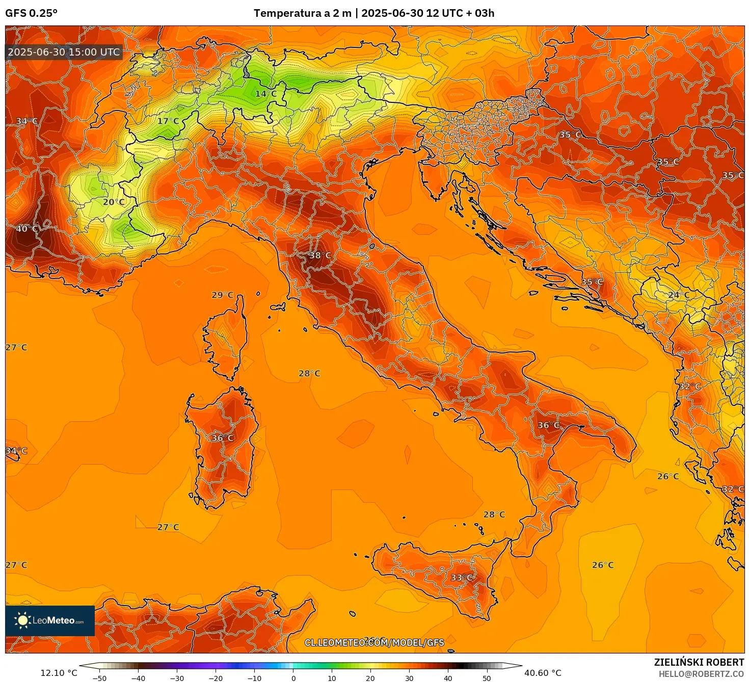 GFS model - Italia, Temperatura a 2 m GFS model - Italia, Temperatura a 2 m