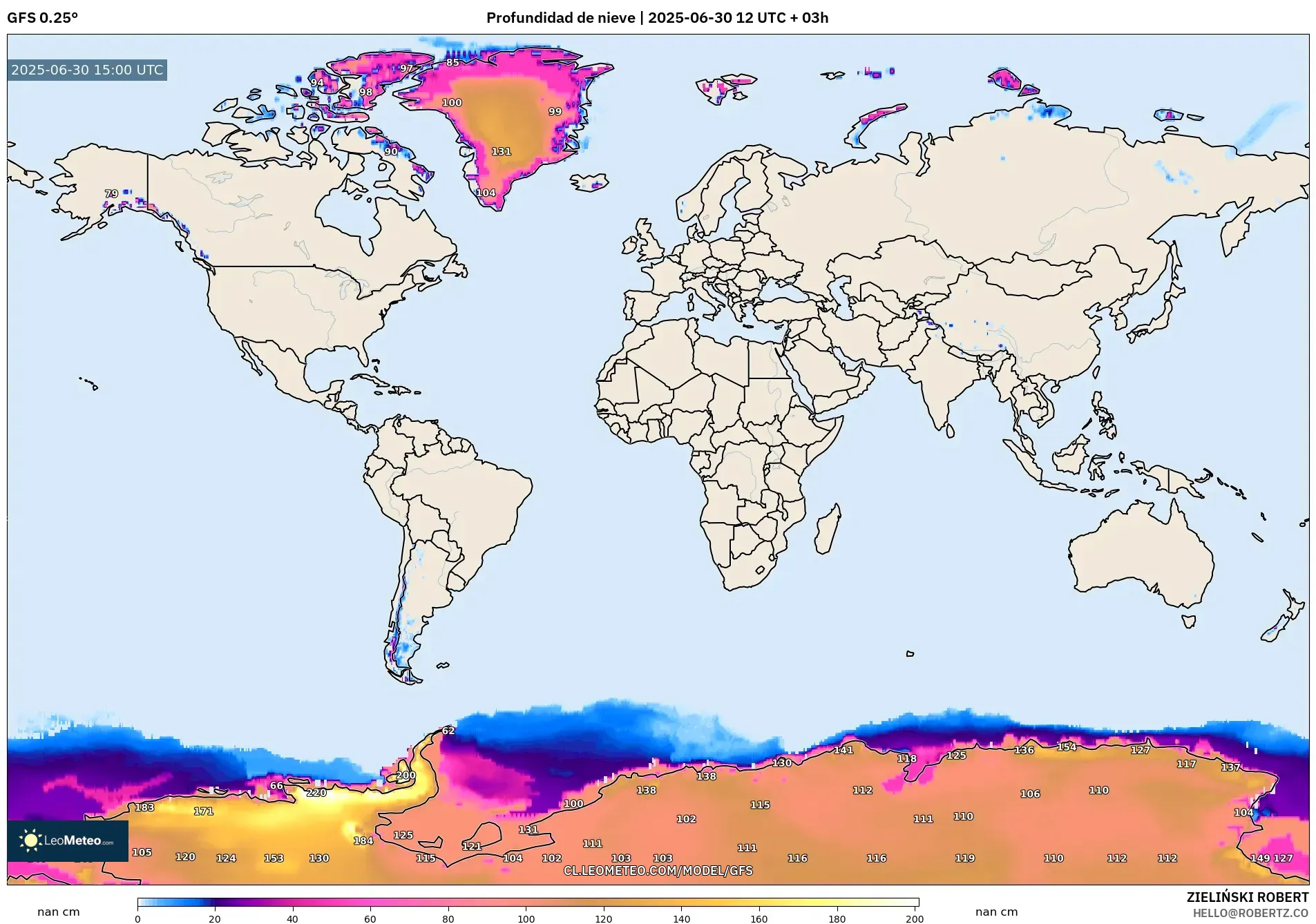 GFS model - Mundo, Profundidad de nieve GFS model - Mundo, Profundidad de nieve