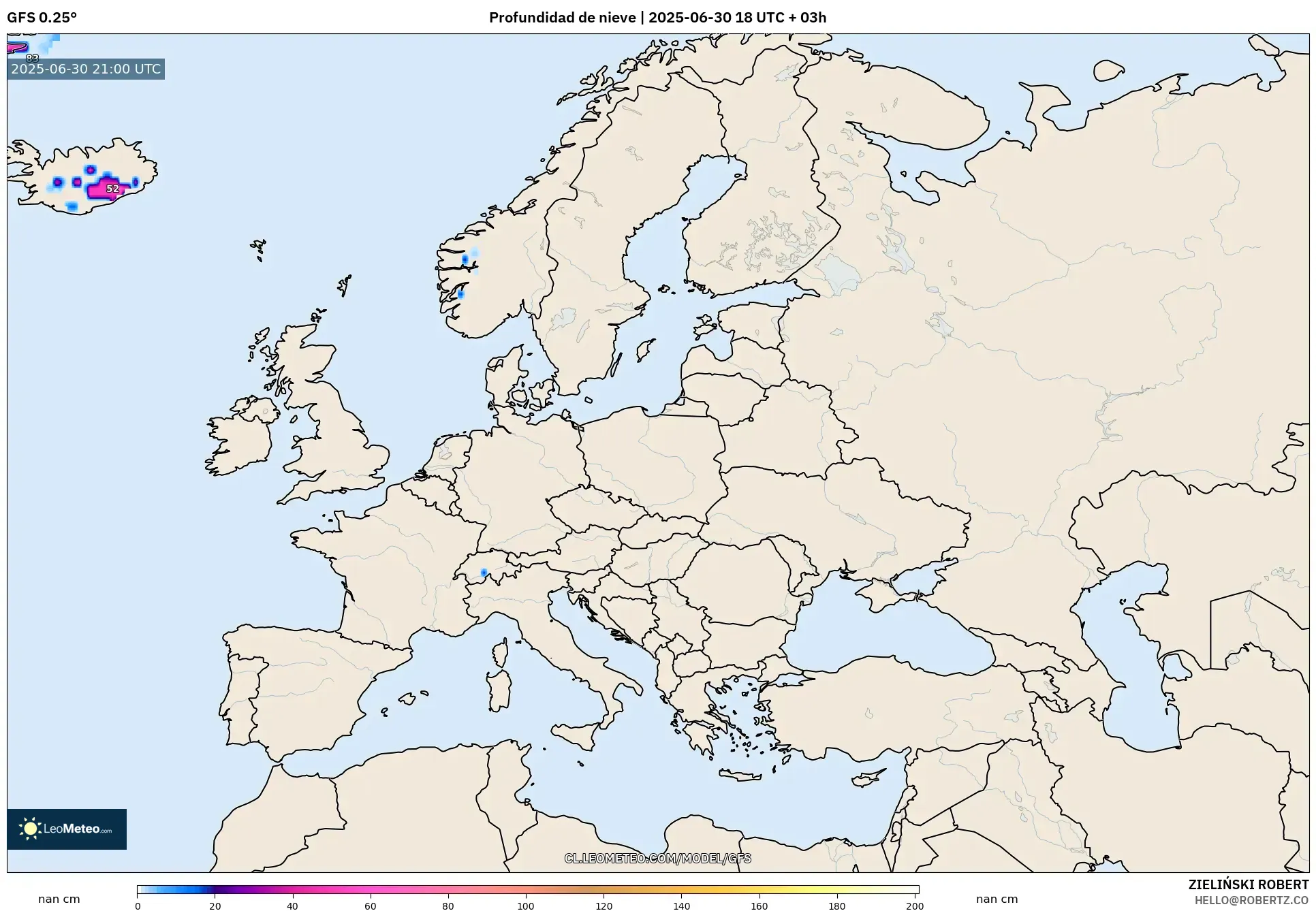 GFS model - Europa, Profundidad de nieve