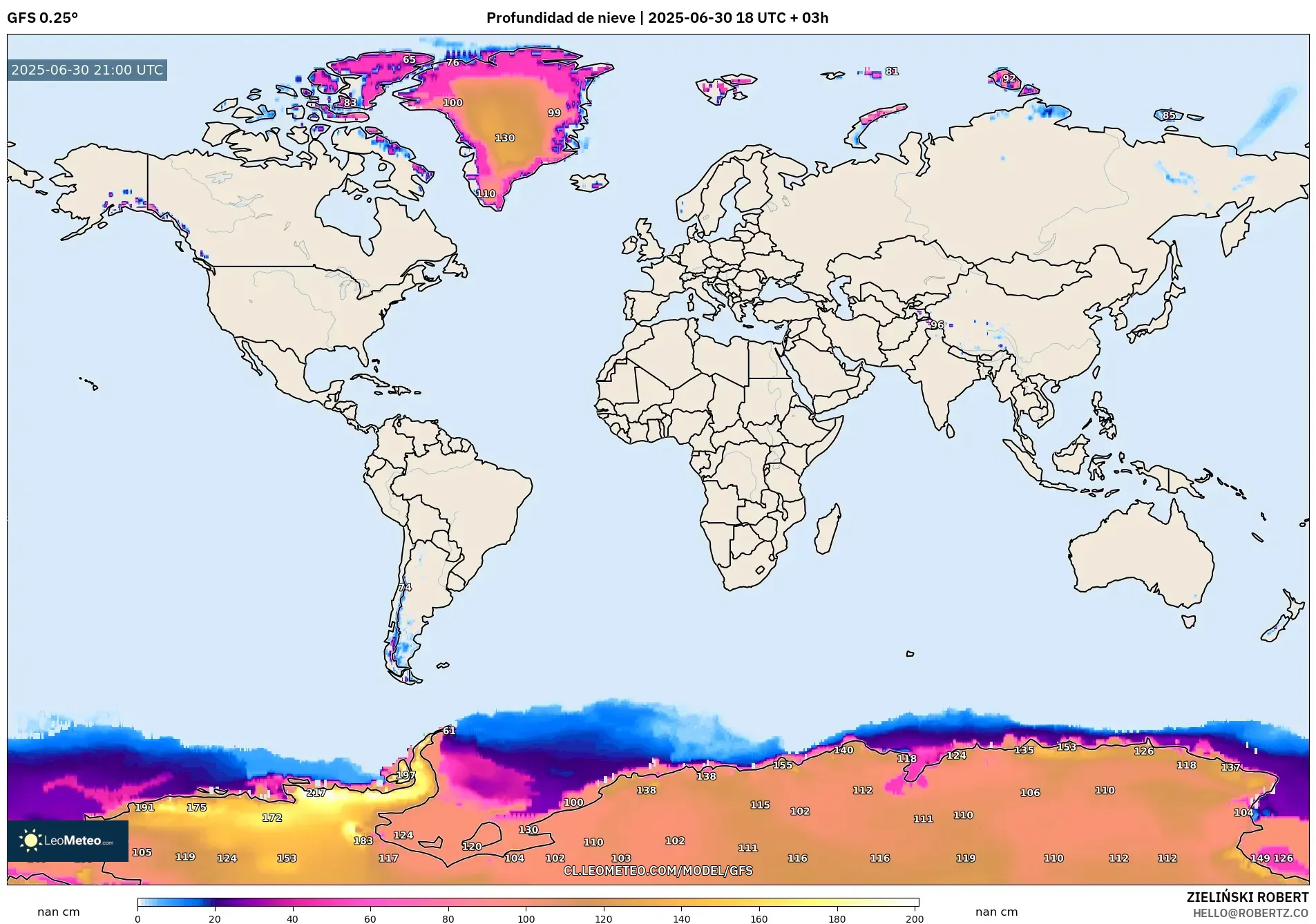GFS model - Mundo, Profundidad de nieve