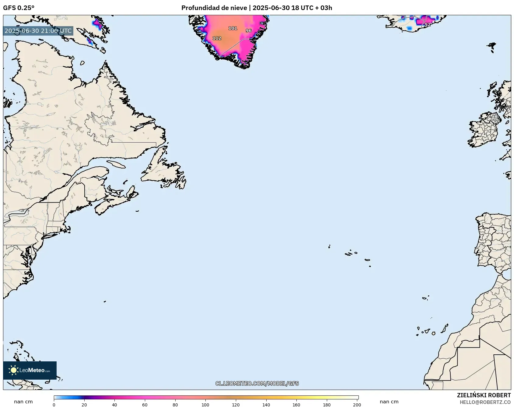 GFS model - Norte Atlántico, Profundidad de nieve GFS model - Norte Atlántico, Profundidad de nieve