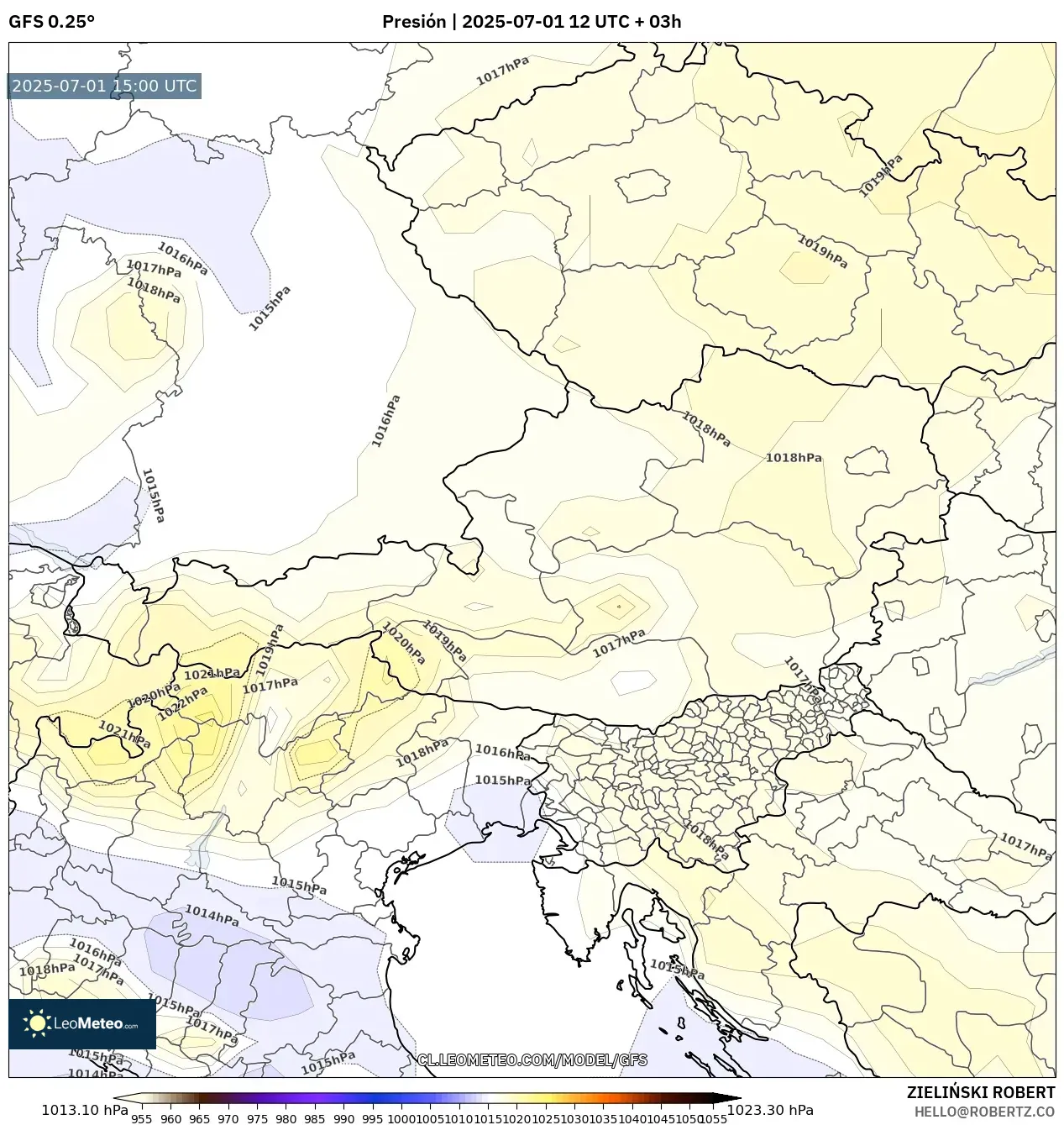 GFS model - Austria, Presión GFS model - Austria, Presión