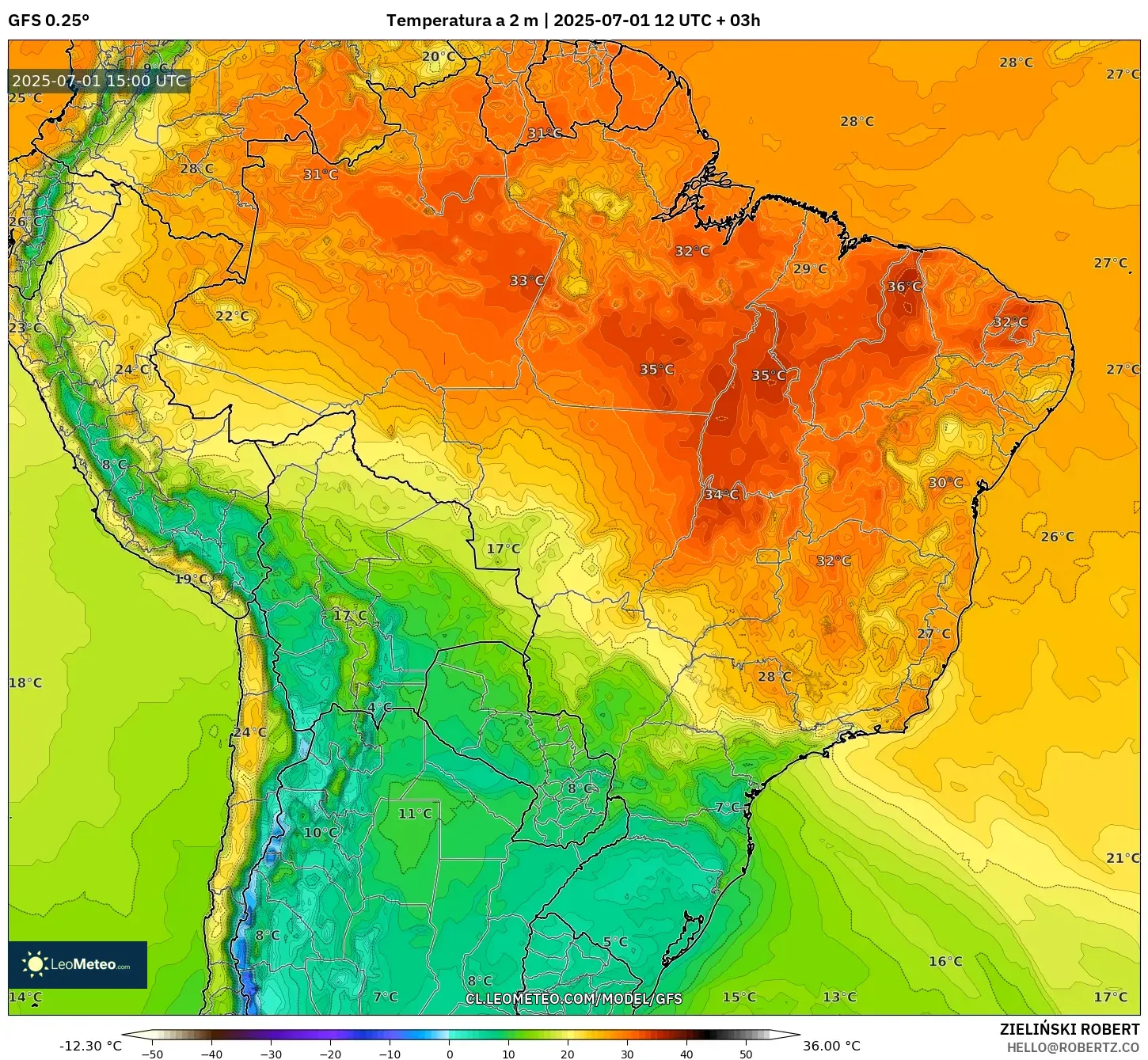 GFS model - Brasil, Temperatura a 2 m