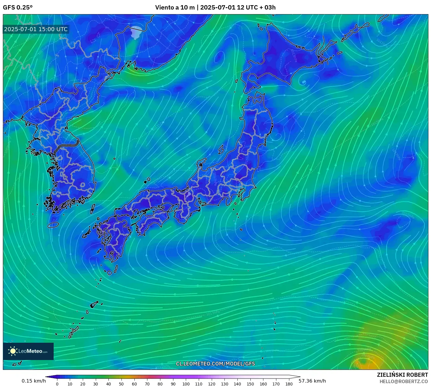 GFS model - Japón, Viento a 10 m GFS model - Japón, Viento a 10 m
