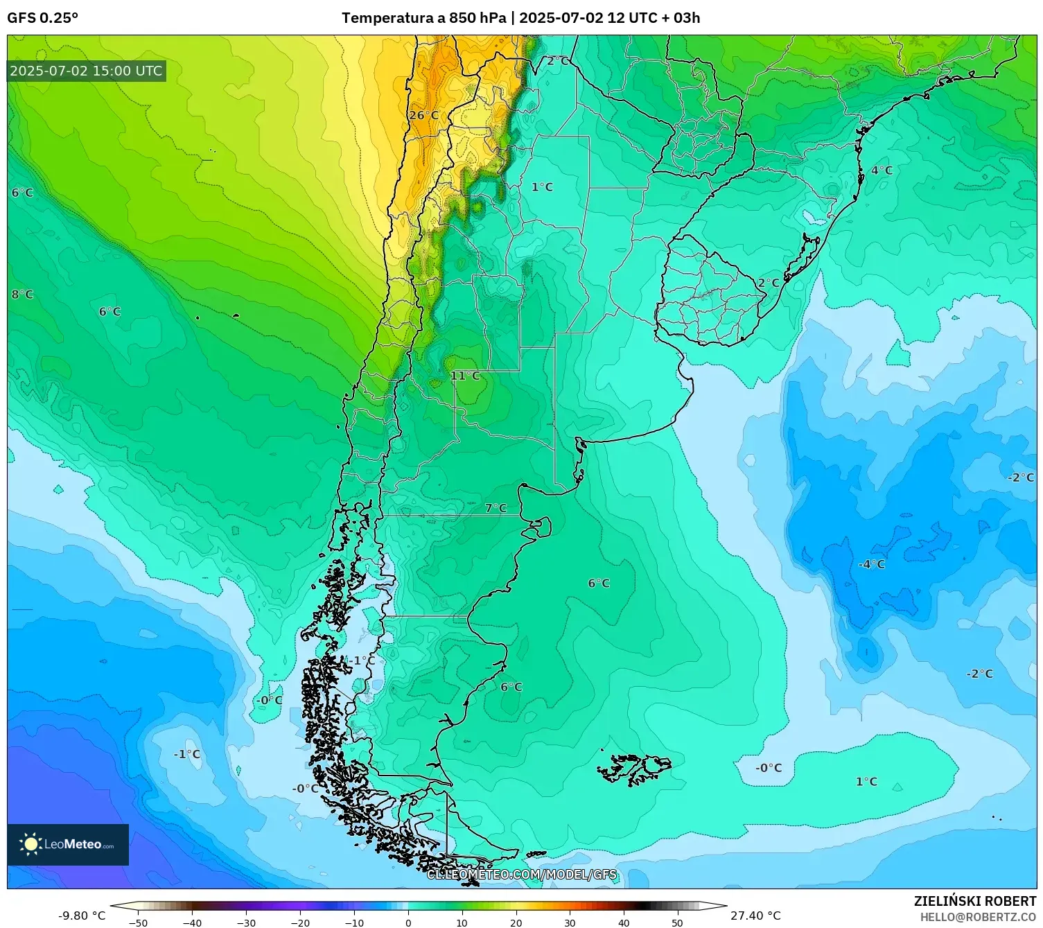 GFS model - Argentina, Temperatura a 850 hPa