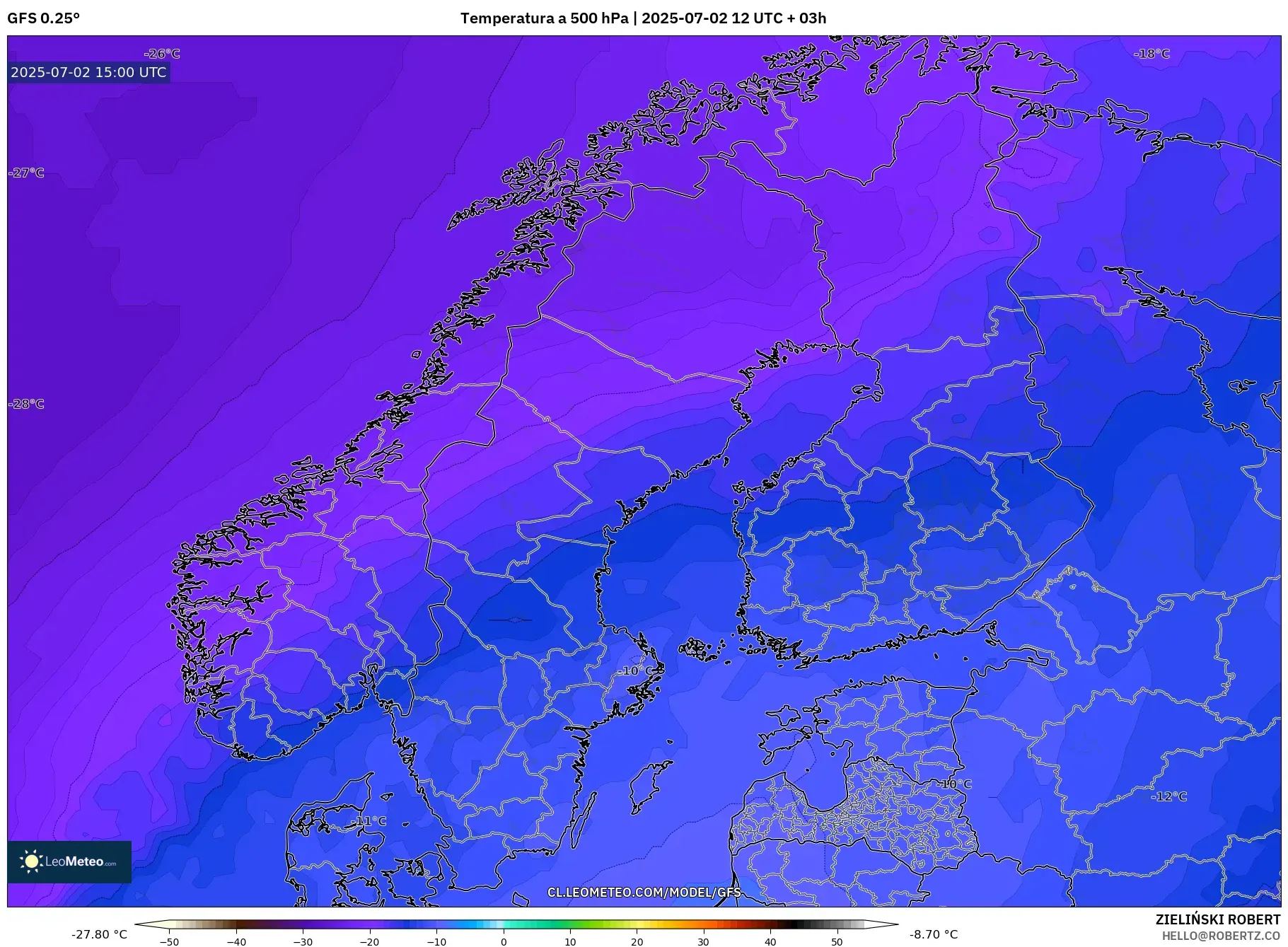 GFS model - Escandinavia, Temperatura a 500 hPa