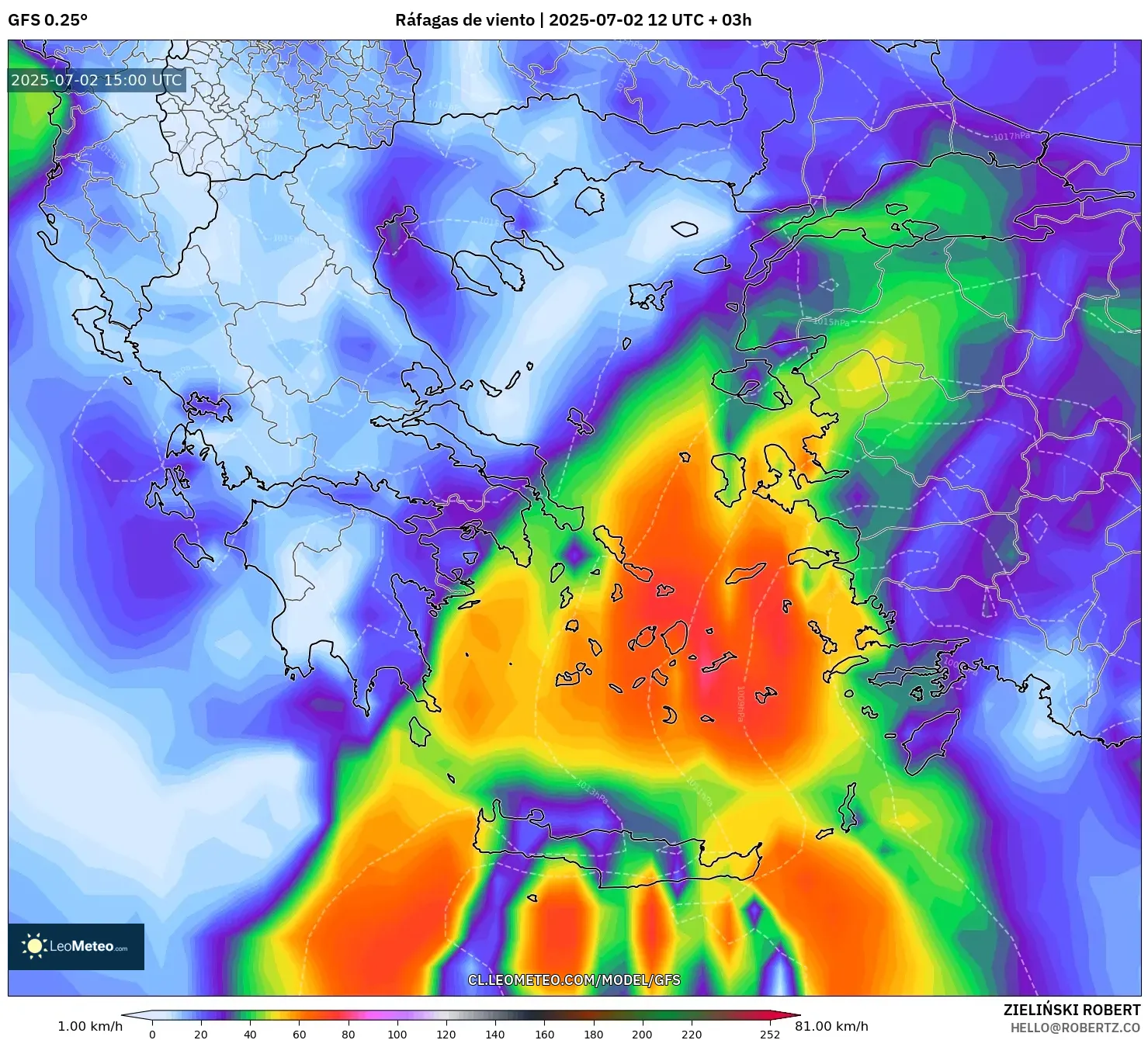 GFS model - Grecia, Ráfagas de viento