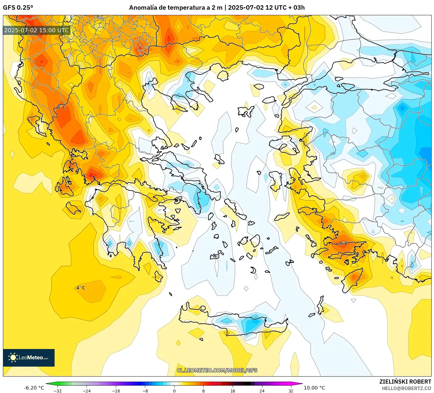 GFS model - Grecia, Anomalía de temperatura a 2 m